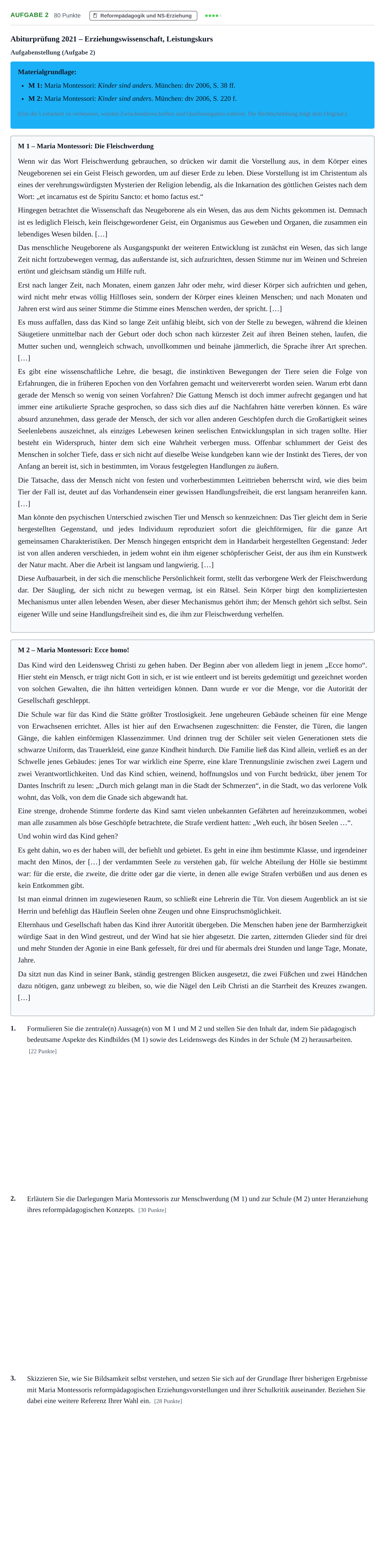 Aufgabenstellung: Aufgabe 2 · Abitur NRW Erziehungswissenschaft LK · Haupttermin 2021