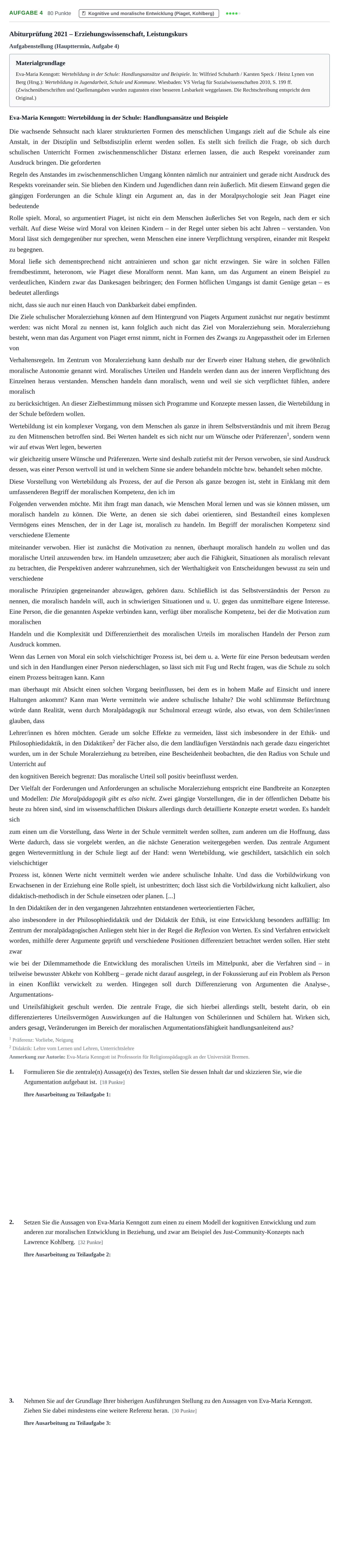 Aufgabenstellung: Aufgabe 4 · Abitur NRW Erziehungswissenschaft LK · Haupttermin 2021
