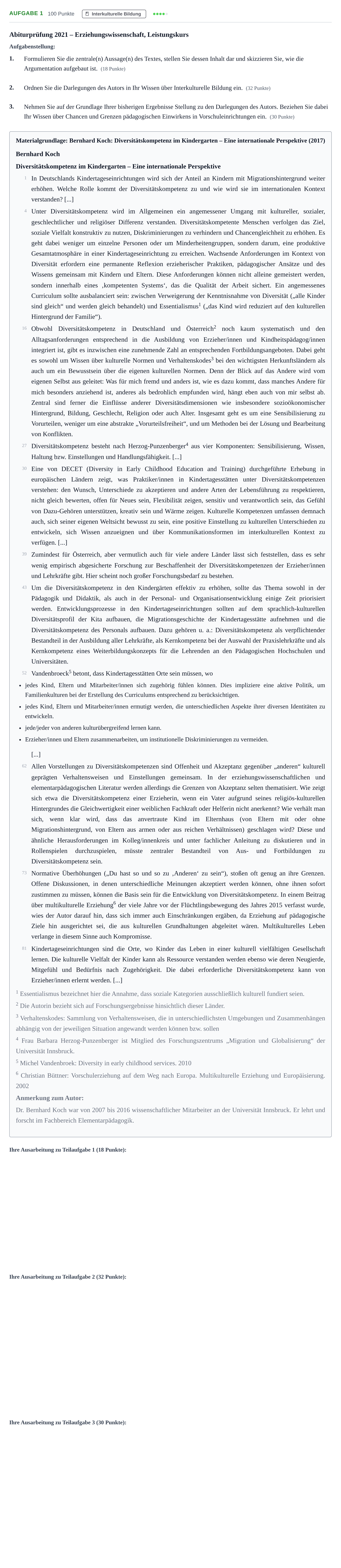 Aufgabenstellung: Aufgabe 1 · Abitur NRW Erziehungswissenschaft LK · Haupttermin · Weiterbildungskolleg 2021