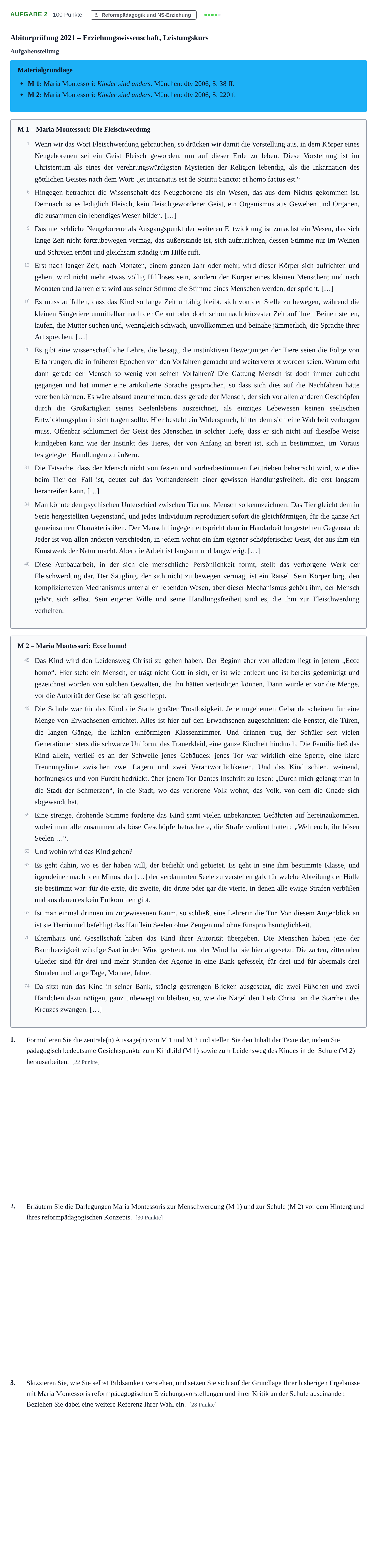 Aufgabenstellung: Aufgabe 2 · Abitur NRW Erziehungswissenschaft LK · Haupttermin · Weiterbildungskolleg 2021