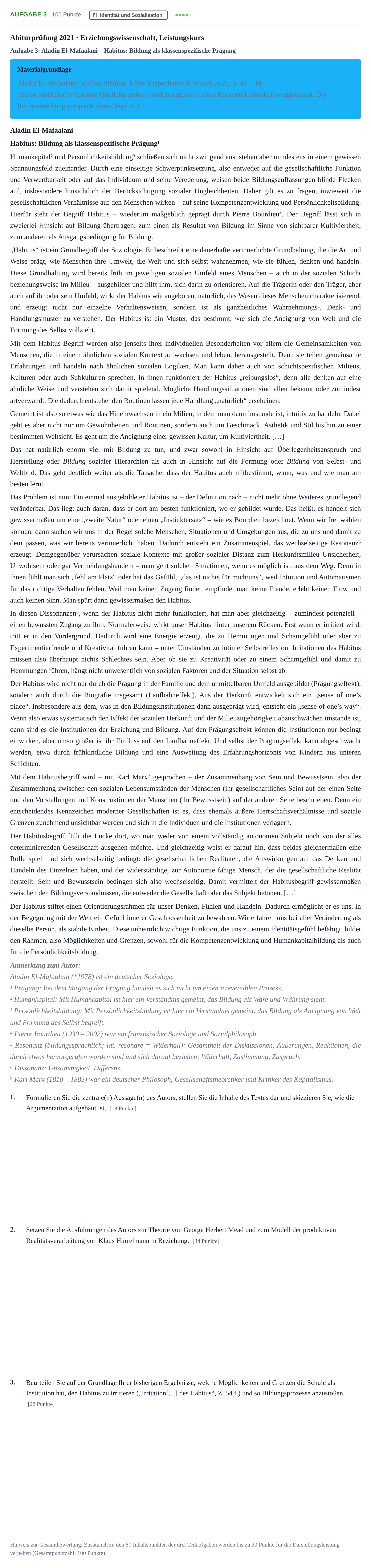Aufgabenstellung: Aufgabe 3 · Abitur NRW Erziehungswissenschaft LK · Haupttermin · Weiterbildungskolleg 2021