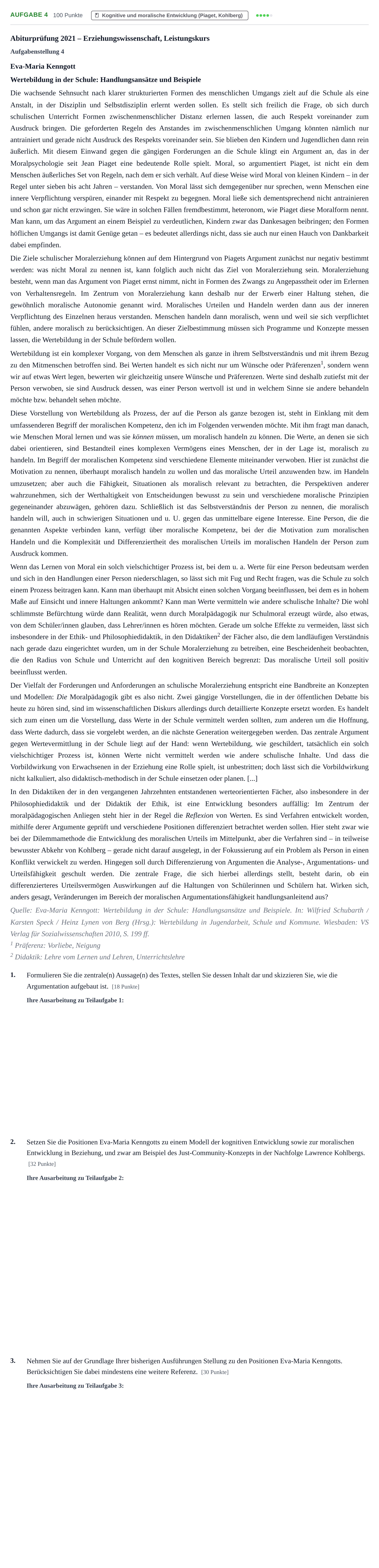 Aufgabenstellung: Aufgabe 4 · Abitur NRW Erziehungswissenschaft LK · Haupttermin · Weiterbildungskolleg 2021