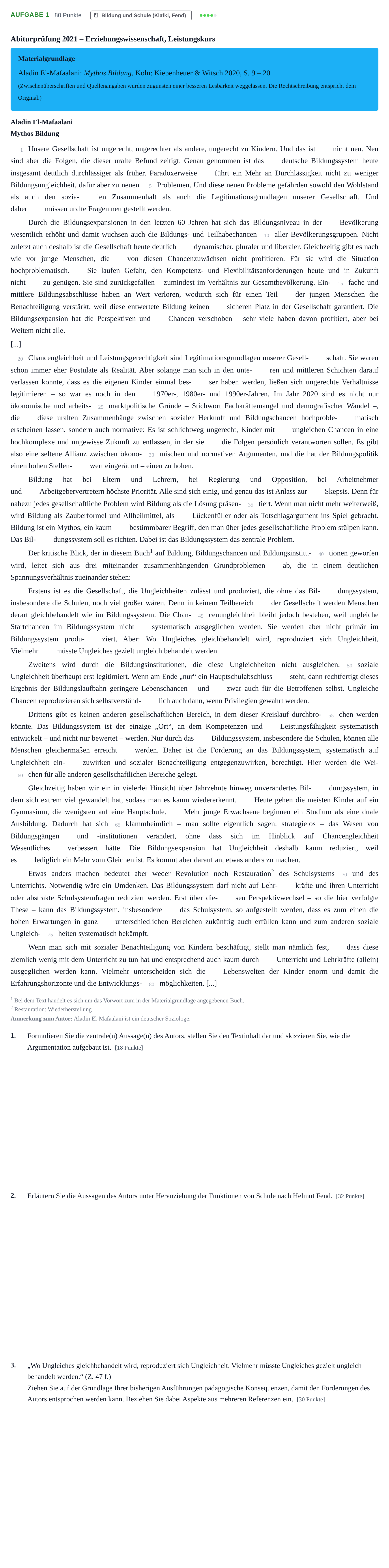 Aufgabenstellung: Aufgabe 1 · Abitur NRW Erziehungswissenschaft LK · Nachtermin 2021
