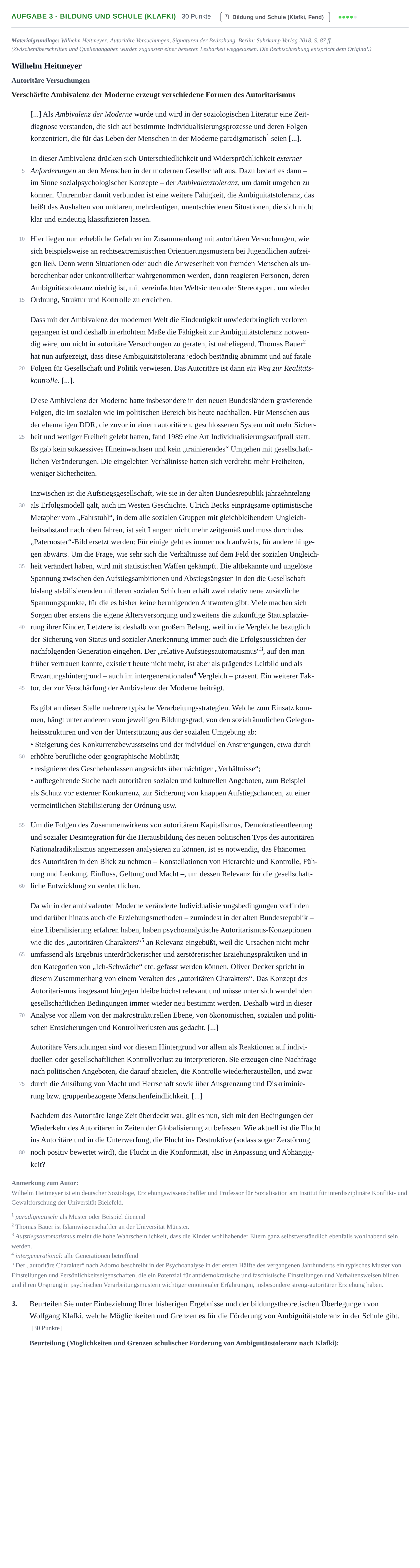 Aufgabenstellung: Aufgabe 3 - Bildung und Schule (Klafki) · Abitur NRW Erziehungswissenschaft LK · Nachtermin 2021
