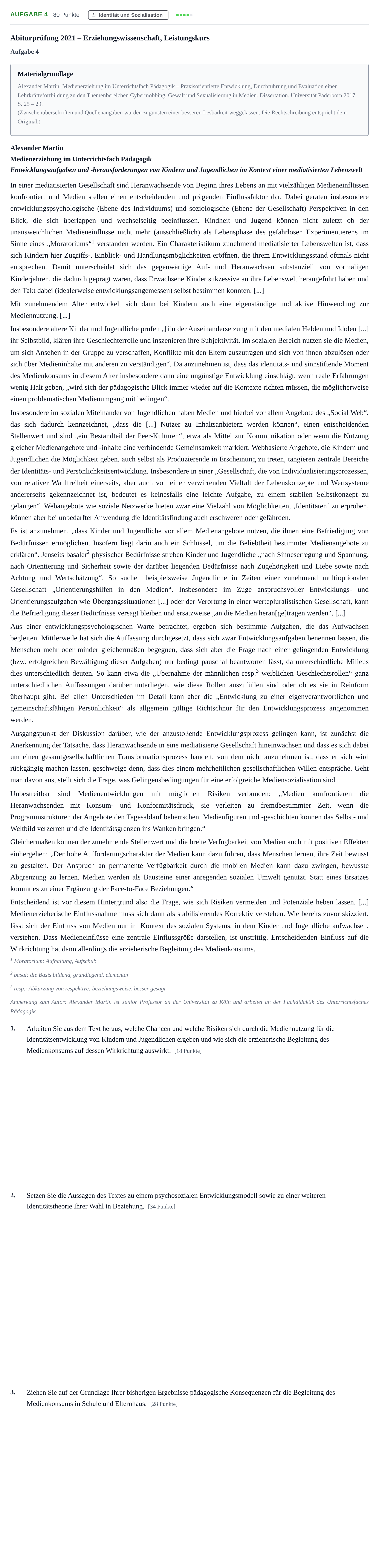 Aufgabenstellung: Aufgabe 4 · Abitur NRW Erziehungswissenschaft LK · Nachtermin 2021