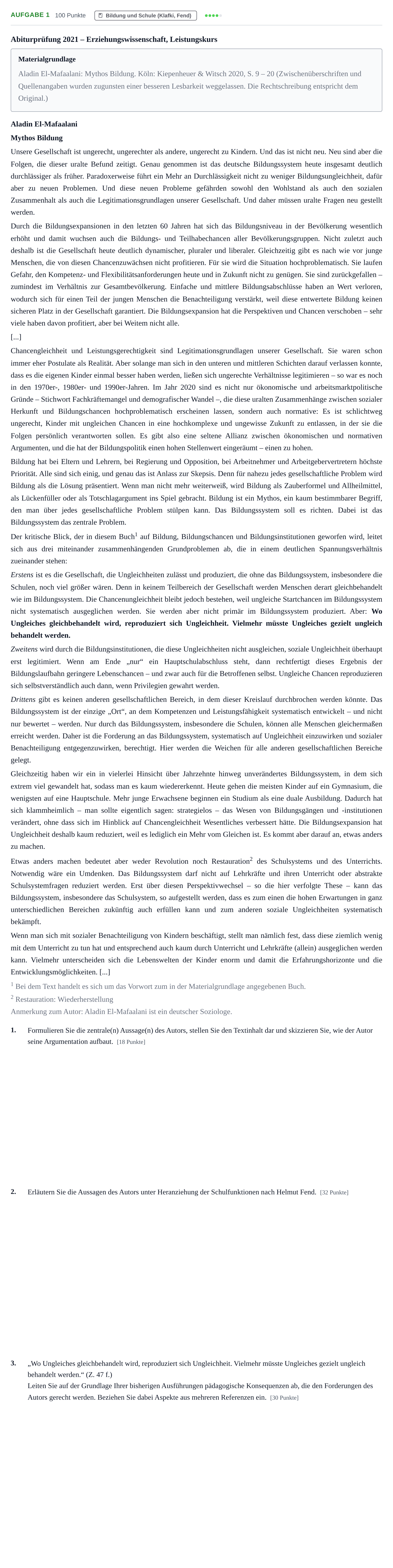Aufgabenstellung: Aufgabe 1 · Abitur NRW Erziehungswissenschaft LK · Nachtermin · Weiterbildungskolleg 2021
