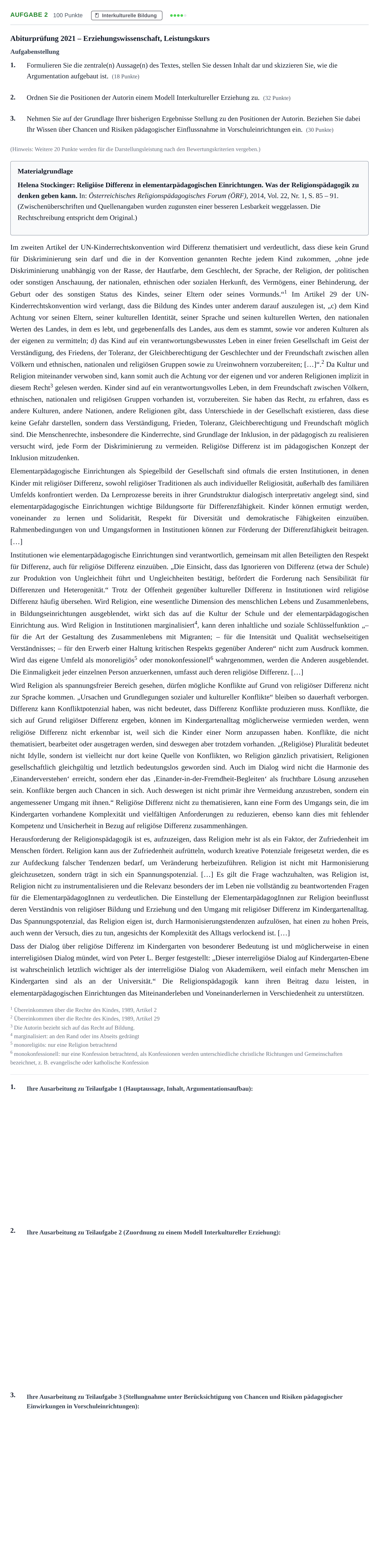 Aufgabenstellung: Aufgabe 2 · Abitur NRW Erziehungswissenschaft LK · Nachtermin · Weiterbildungskolleg 2021