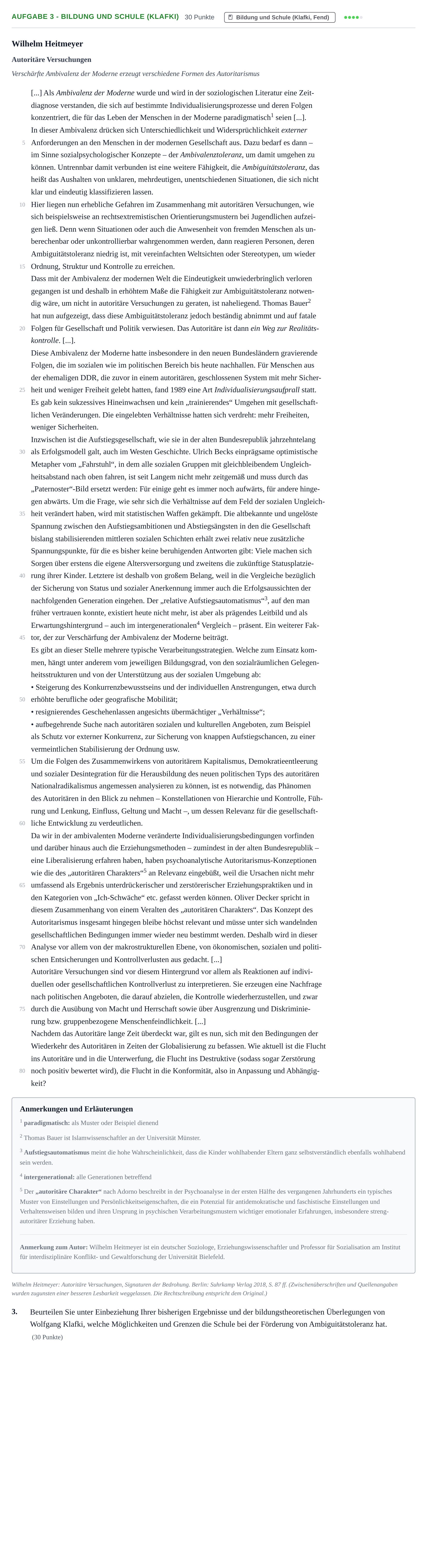 Aufgabenstellung: Aufgabe 3 - Bildung und Schule (Klafki) · Abitur NRW Erziehungswissenschaft LK · Nachtermin · Weiterbildungskolleg 2021