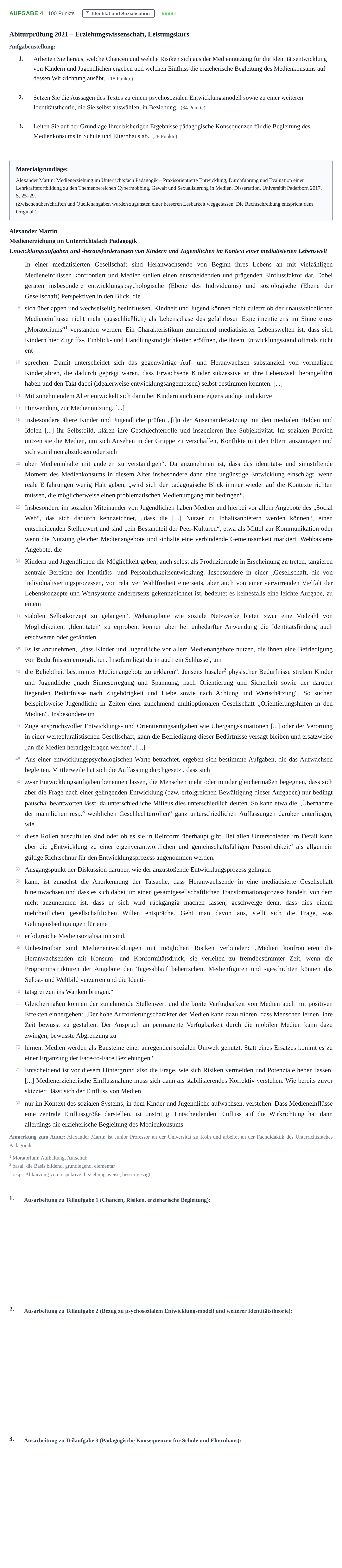 Aufgabenstellung: Aufgabe 4 · Abitur NRW Erziehungswissenschaft LK · Nachtermin · Weiterbildungskolleg 2021