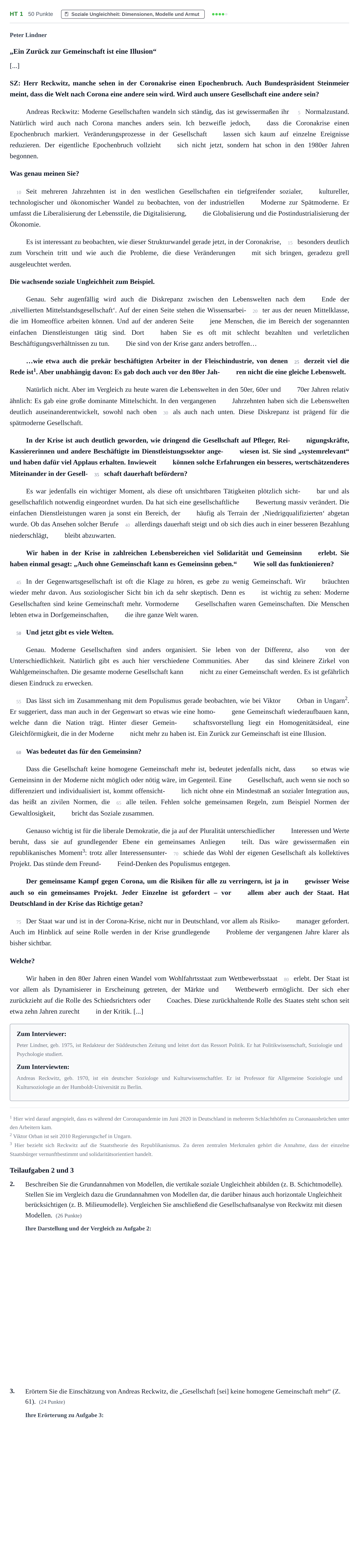 Aufgabenstellung: Aufgabe HT 1 - Soziale Ungleichheit: Dimensionen, Modelle… · Abitur NRW Soziologie LK · Haupttermin · Weiterbildungskolleg 2021