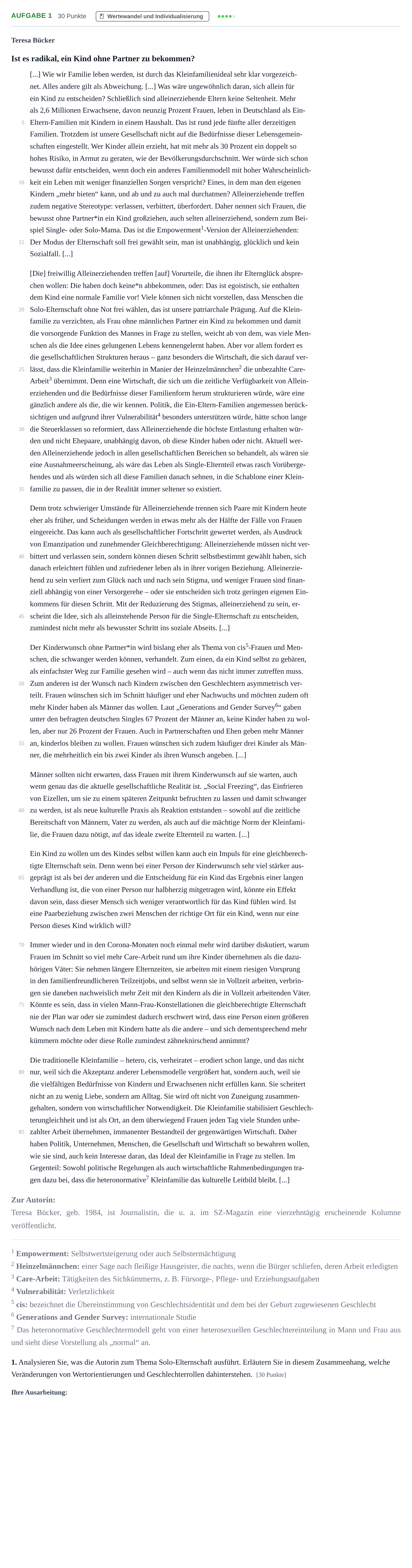 Aufgabenstellung: Aufgabe 1 - Wertewandel und Individualisierung · Abitur NRW Soziologie LK · Haupttermin · Weiterbildungskolleg 2021