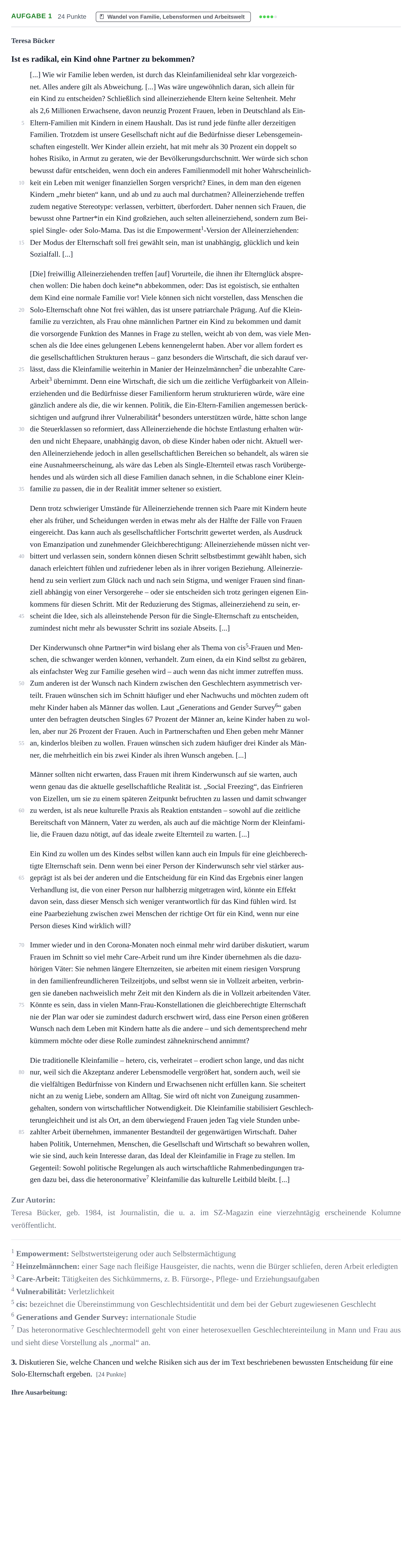 Aufgabenstellung: Aufgabe 1 - Wandel von Familie, Lebensformen und… · Abitur NRW Soziologie LK · Haupttermin · Weiterbildungskolleg 2021