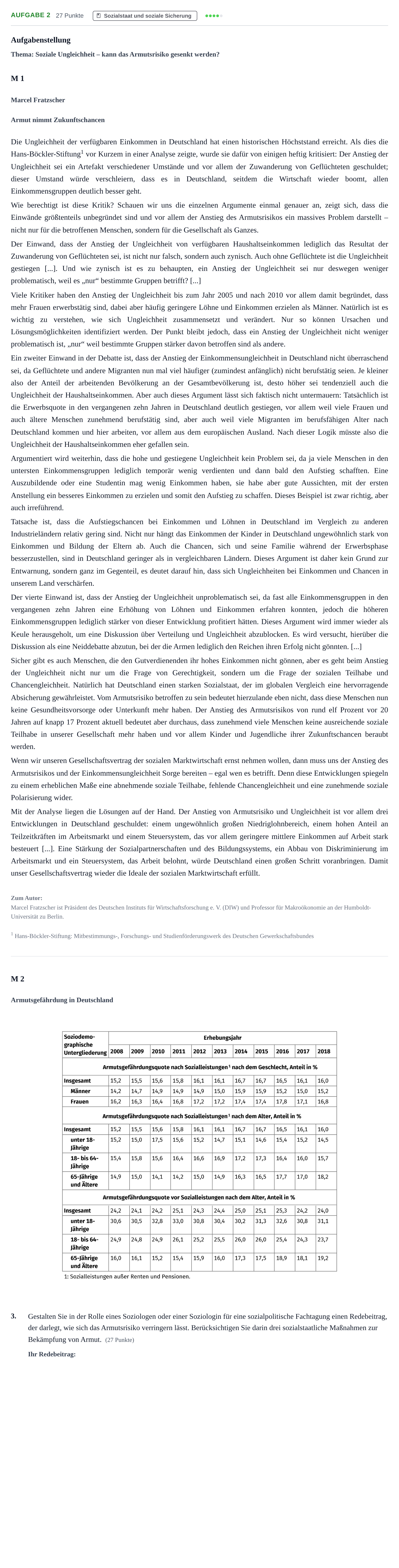 Aufgabenstellung: Aufgabe 2 - Sozialstaat und soziale Sicherung · Abitur NRW Soziologie LK · Haupttermin · Weiterbildungskolleg 2021