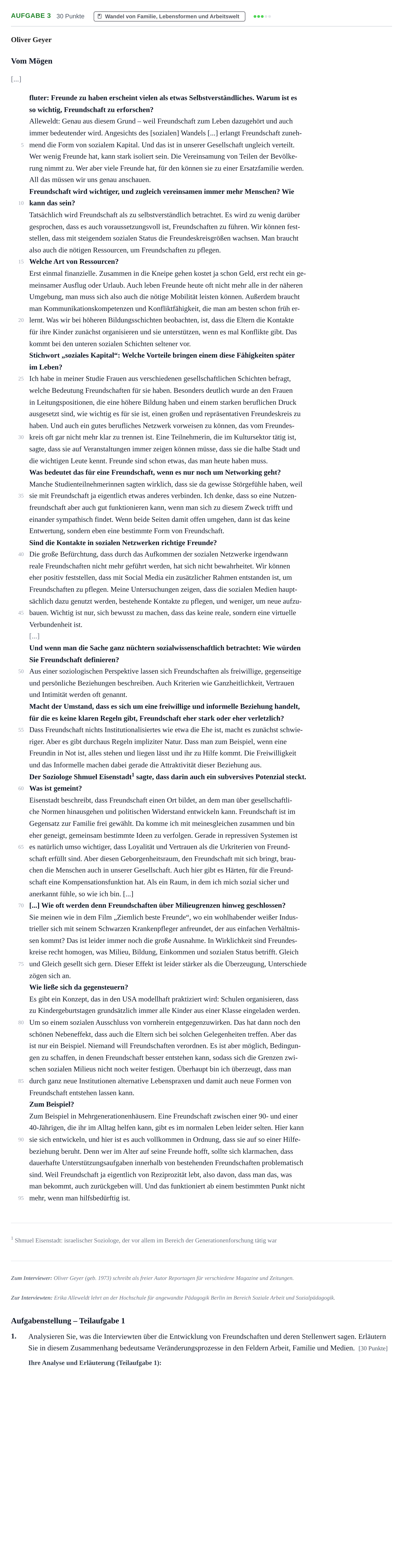 Aufgabenstellung: Aufgabe 3 - Wandel von Familie, Lebensformen und… · Abitur NRW Soziologie LK · Haupttermin · Weiterbildungskolleg 2021