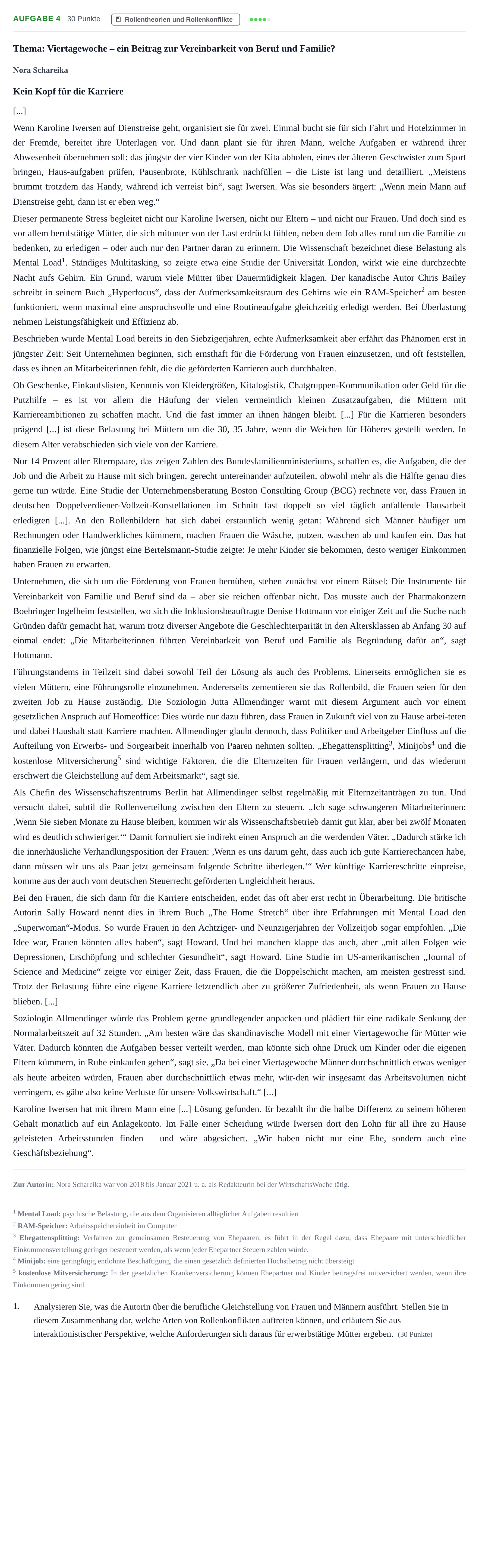 Aufgabenstellung: Aufgabe 4 - Rollentheorien und Rollenkonflikte · Abitur NRW Soziologie LK · Haupttermin · Weiterbildungskolleg 2021