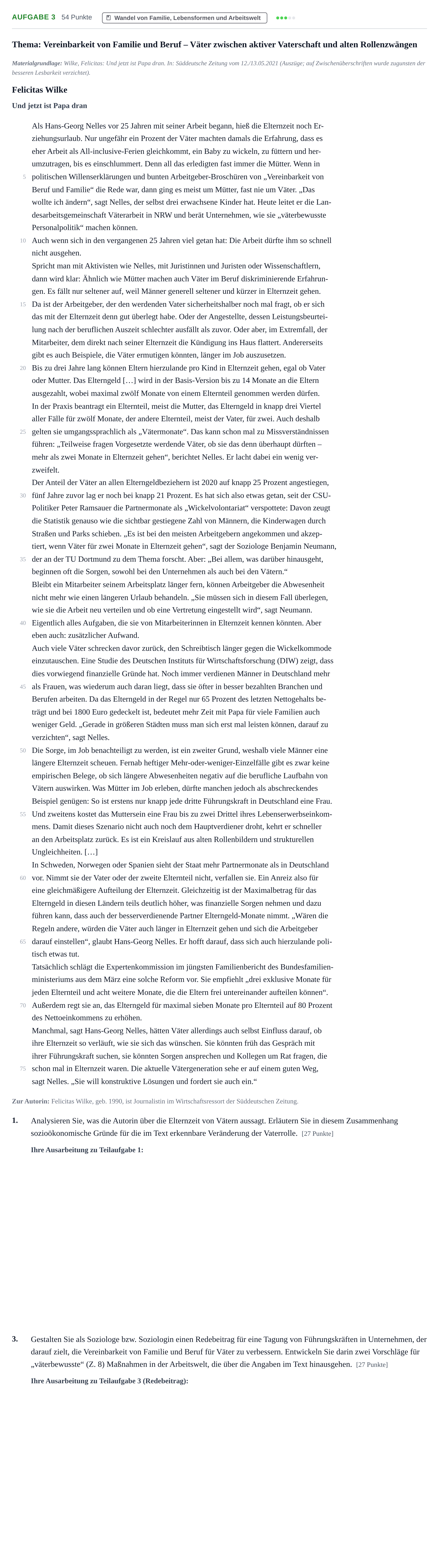 Aufgabenstellung: Aufgabe 3 - Wandel von Familie, Lebensformen und… · Abitur NRW Soziologie GK · Haupttermin · Weiterbildungskolleg 2022