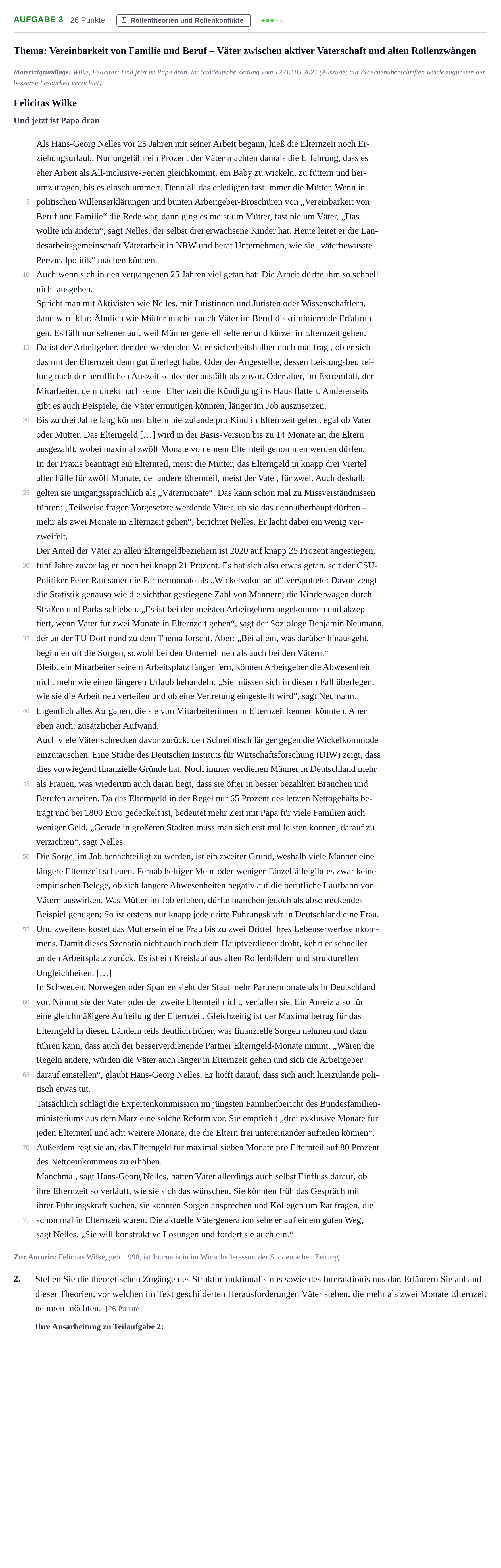 Aufgabenstellung: Aufgabe 3 - Rollentheorien und Rollenkonflikte · Abitur NRW Soziologie GK · Haupttermin · Weiterbildungskolleg 2022