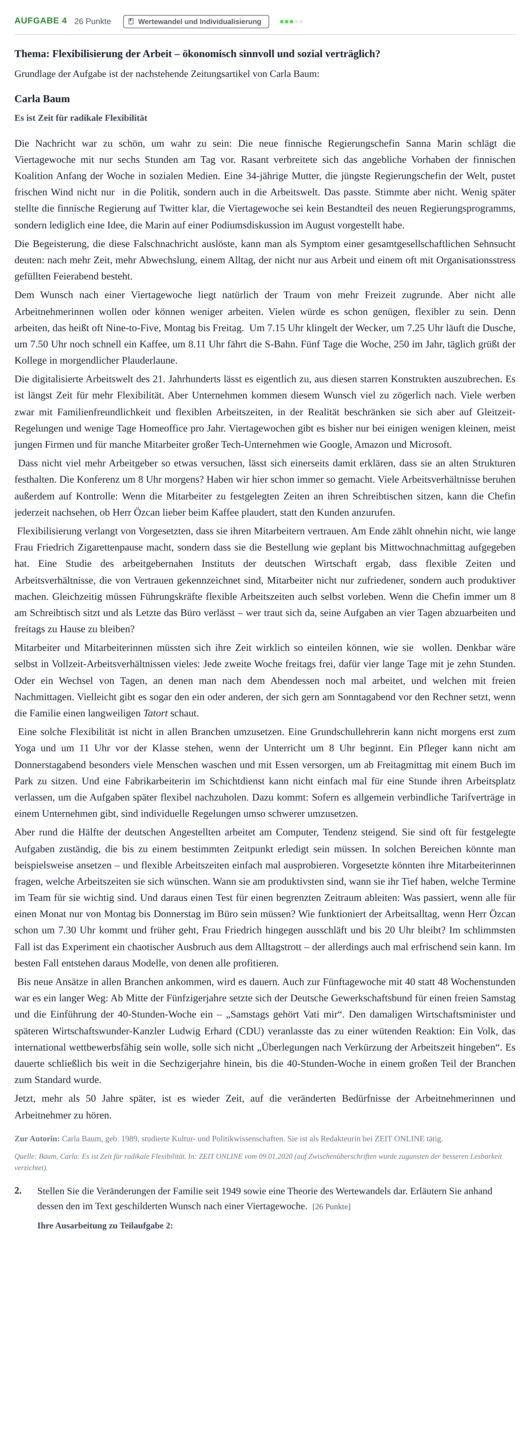 Aufgabenstellung: Aufgabe 4 - Wertewandel und Individualisierung · Abitur NRW Soziologie GK · Haupttermin · Weiterbildungskolleg 2022