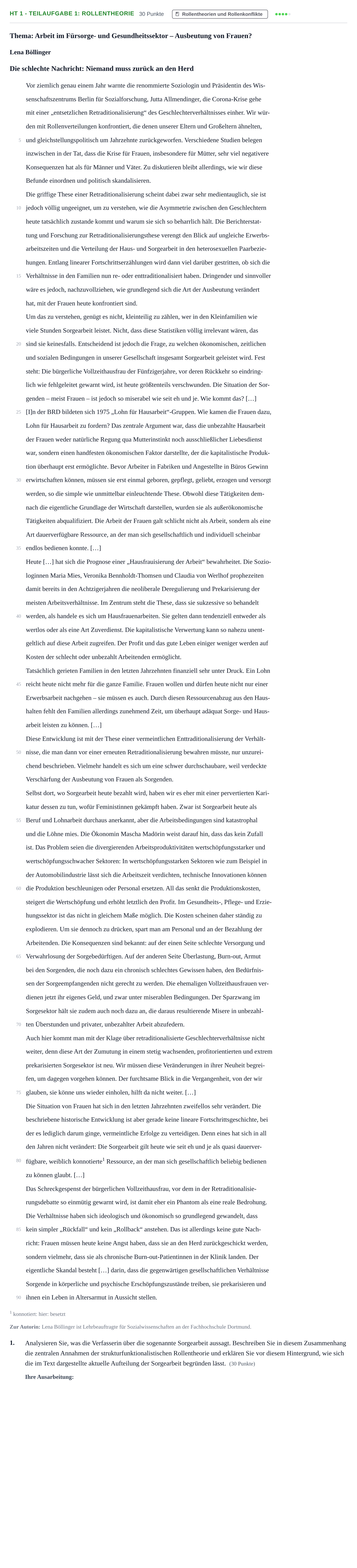 Aufgabenstellung: Aufgabe HT 1 - Teilaufgabe 1: Rollentheorie · Abitur NRW Soziologie LK · Haupttermin · Weiterbildungskolleg 2022