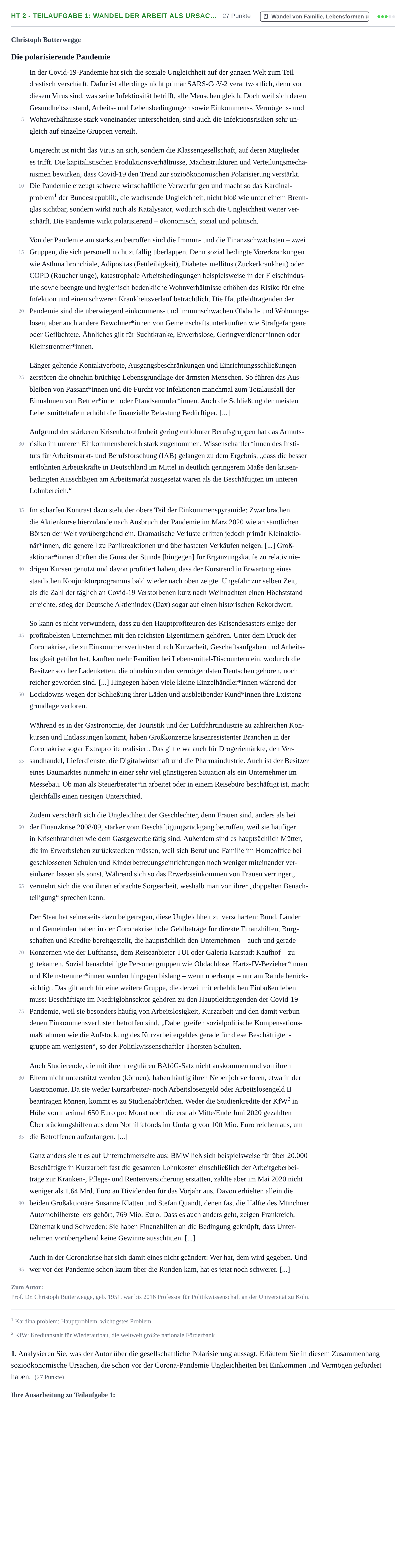 Aufgabenstellung: Aufgabe HT 2 - Teilaufgabe 1: Wandel der Arbeit als Ursac… · Abitur NRW Soziologie LK · Haupttermin · Weiterbildungskolleg 2022
