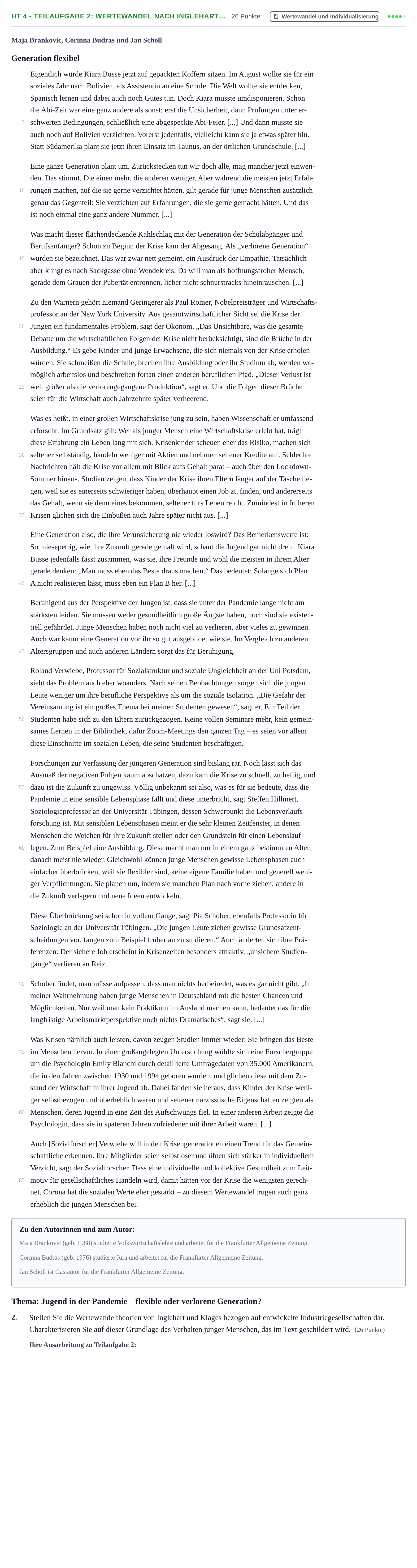 Aufgabenstellung: Aufgabe HT 4 - Teilaufgabe 2: Wertewandel nach Inglehart… · Abitur NRW Soziologie LK · Haupttermin · Weiterbildungskolleg 2022