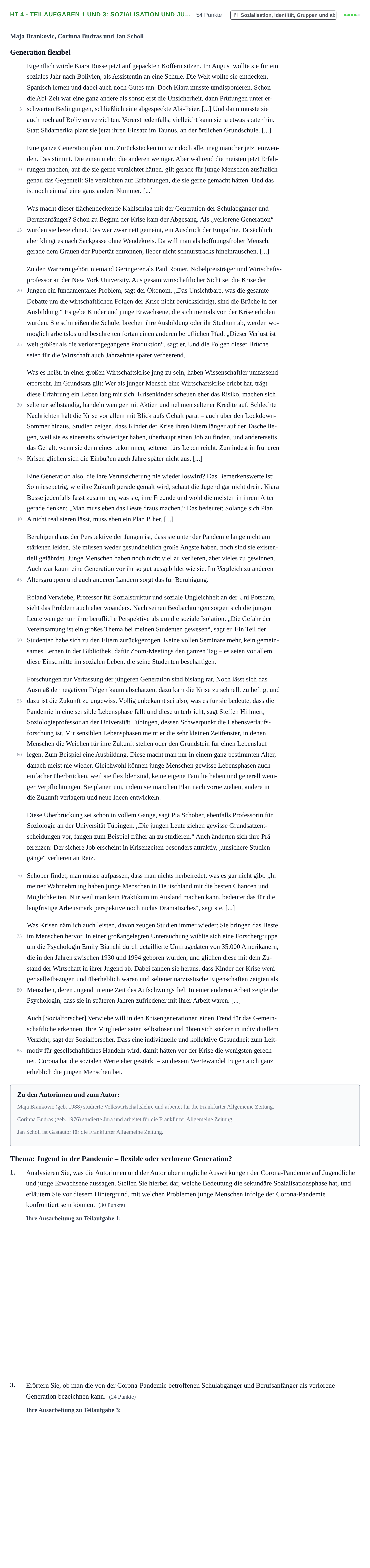 Aufgabenstellung: Aufgabe HT 4 - Teilaufgaben 1 und 3: Sozialisation und Ju… · Abitur NRW Soziologie LK · Haupttermin · Weiterbildungskolleg 2022