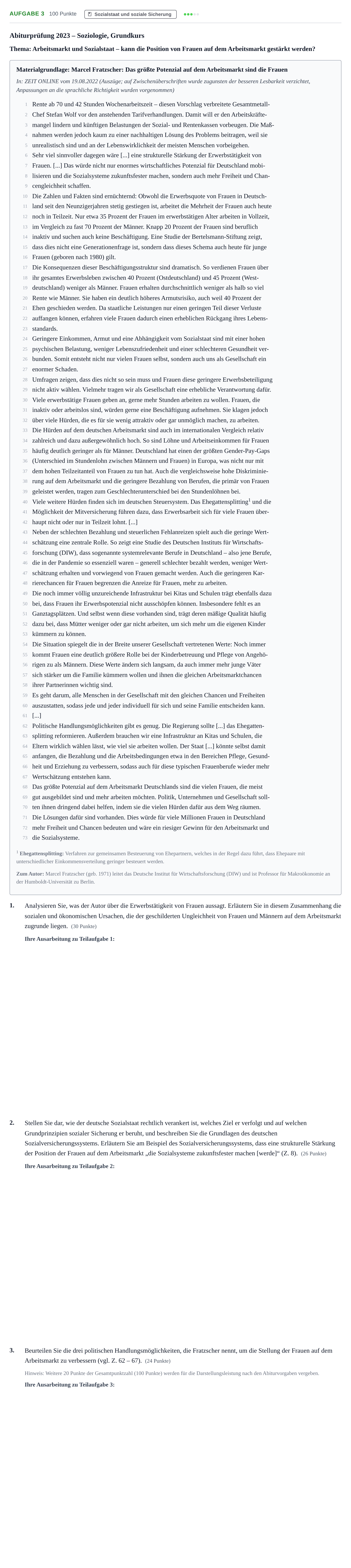 Aufgabenstellung: Aufgabe 3 · Abitur NRW Soziologie GK · Haupttermin · Weiterbildungskolleg 2023