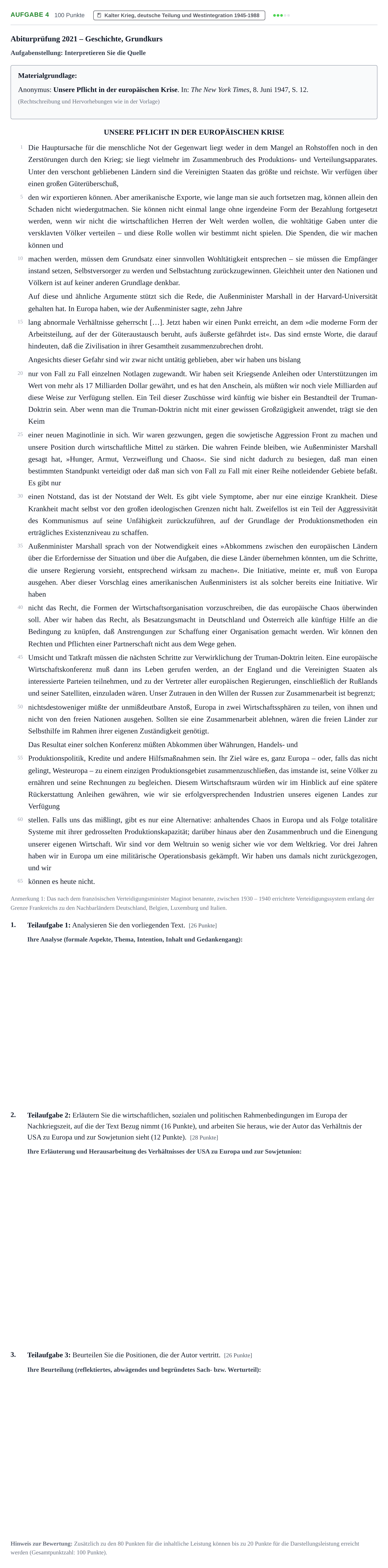 Aufgabenstellung: Aufgabe 4 · Abitur NRW Geschichte GK · Nachtermin 2021