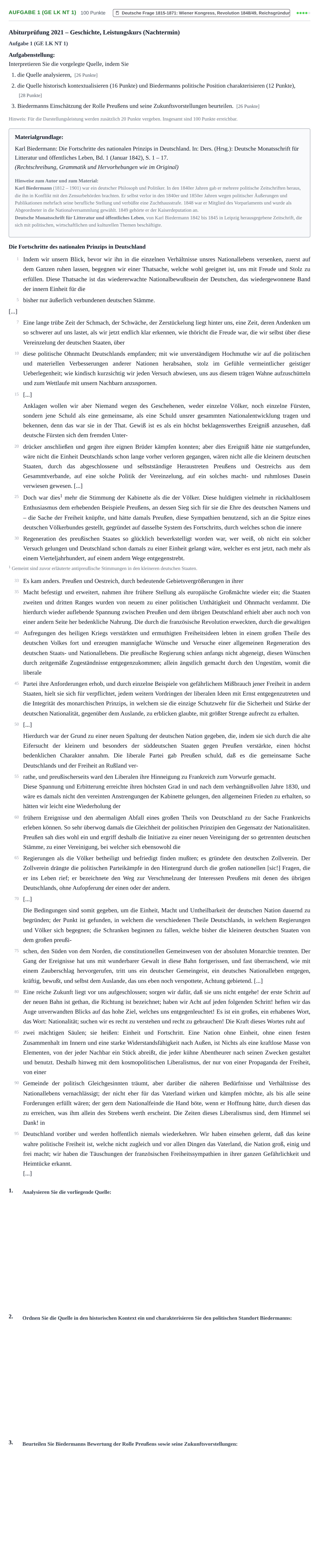 Aufgabenstellung: Aufgabe 1 (GE LK NT 1) · Abitur NRW Geschichte LK · Nachtermin 2021