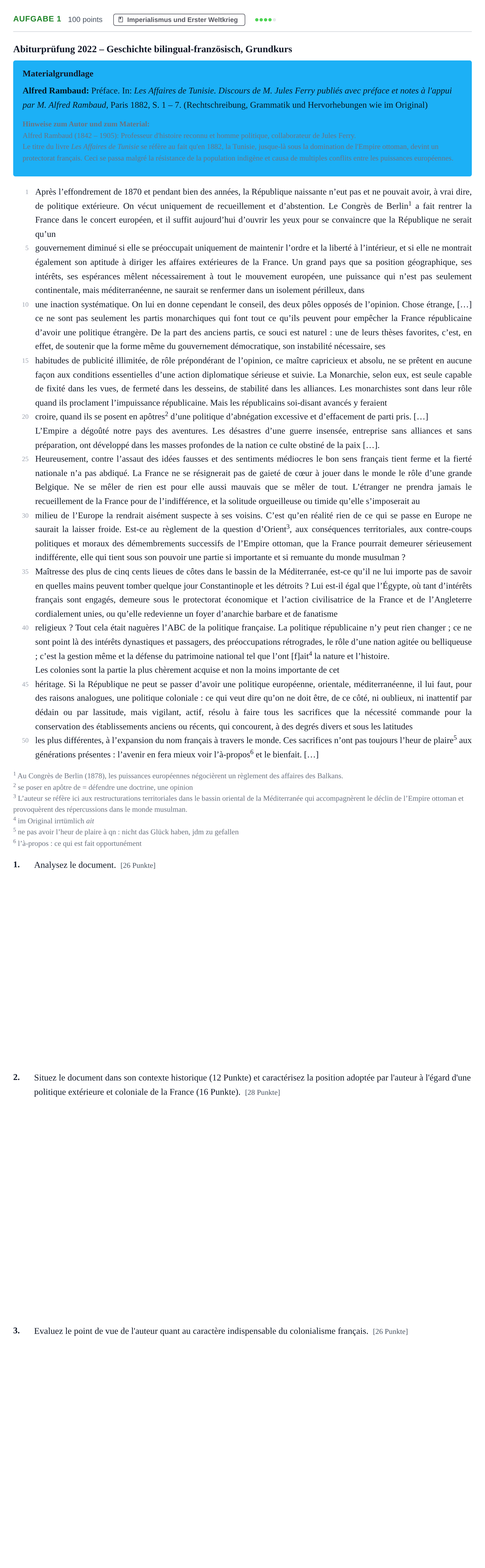 Aufgabenstellung: Aufgabe 1 · Abitur NRW Geschichte GK · Haupttermin · bilingual Französisch 2022