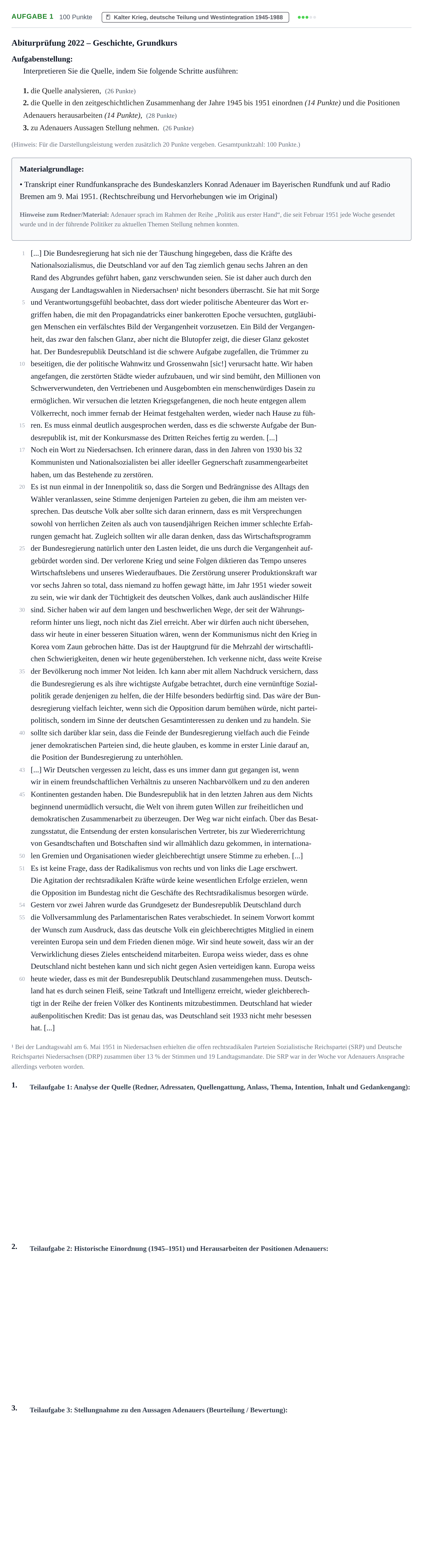 Aufgabenstellung: Aufgabe 1 · Abitur NRW Geschichte GK · Haupttermin 2022