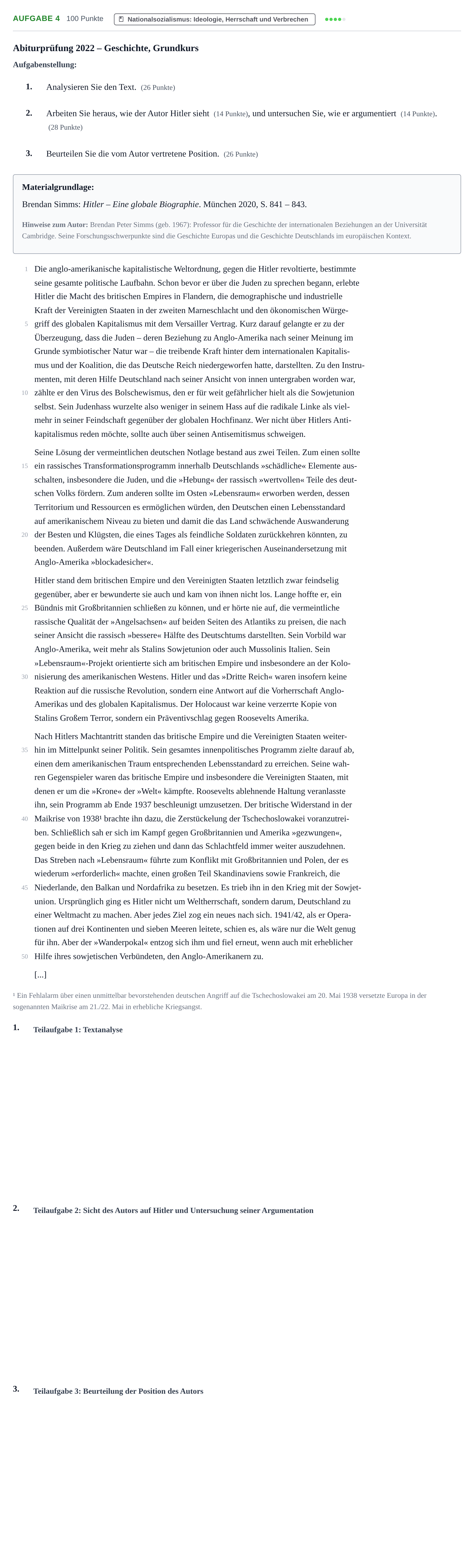 Aufgabenstellung: Aufgabe 4 · Abitur NRW Geschichte GK · Haupttermin 2022
