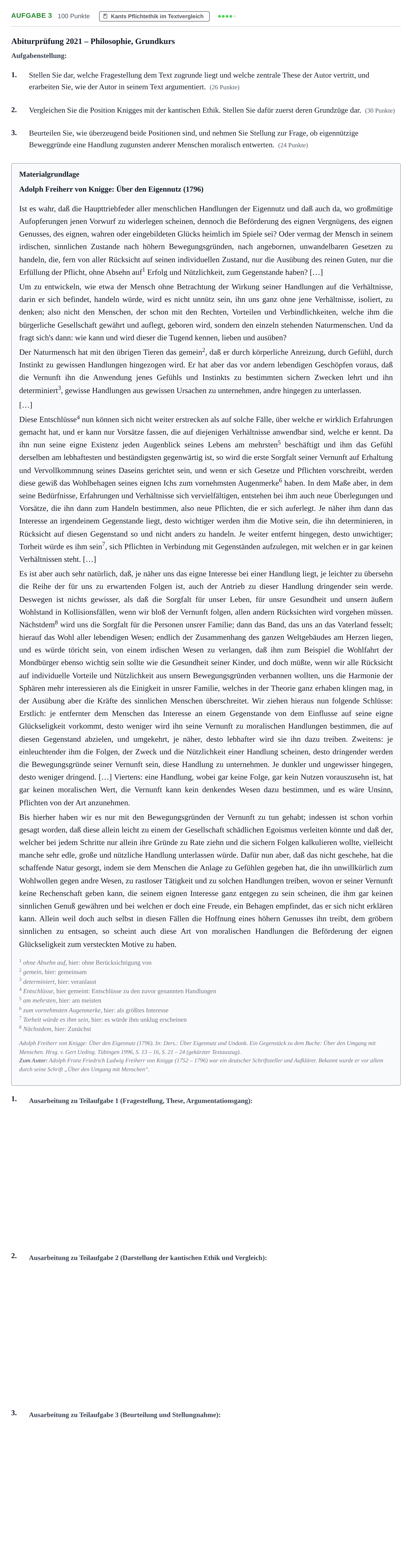 Aufgabenstellung: Aufgabe 3 · Abitur NRW Philosophie GK · Haupttermin · Weiterbildungskolleg 2021