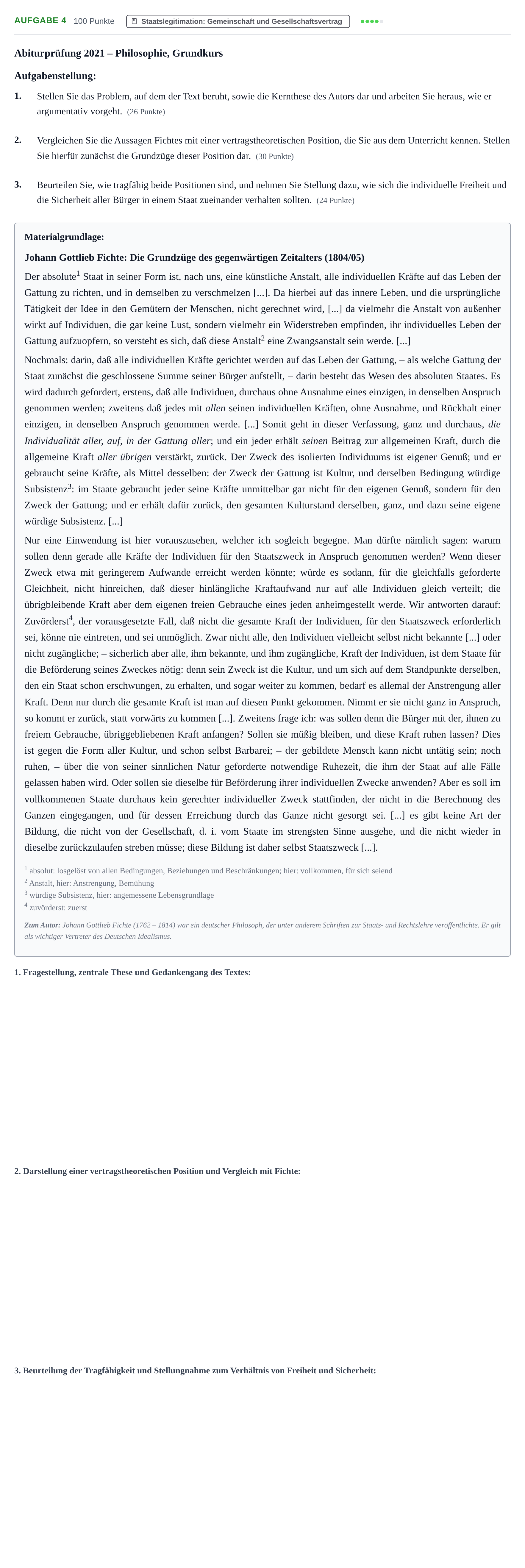 Aufgabenstellung: Aufgabe 4 · Abitur NRW Philosophie GK · Haupttermin · Weiterbildungskolleg 2021