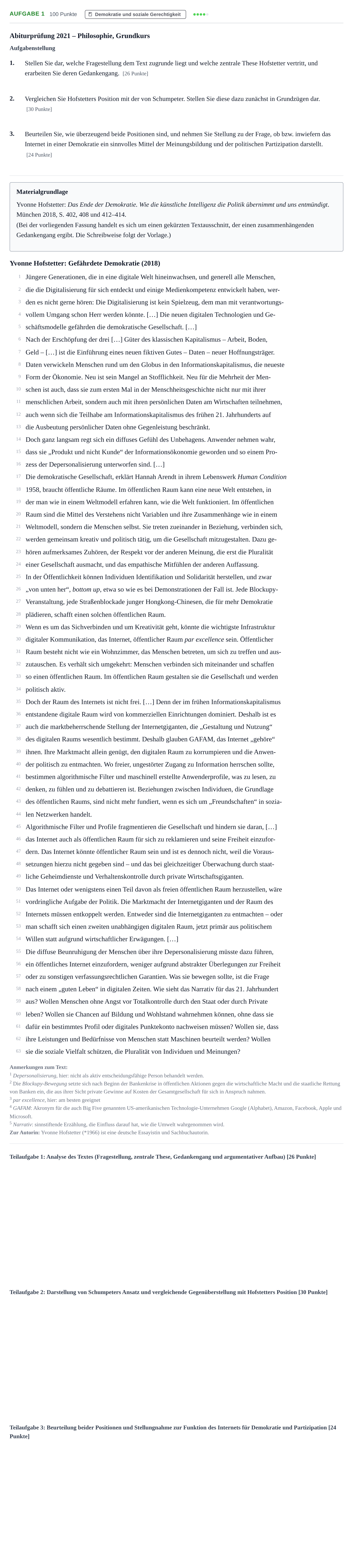Aufgabenstellung: Aufgabe 1 · Abitur NRW Philosophie GK · Haupttermin · Weiterbildungskolleg 2021