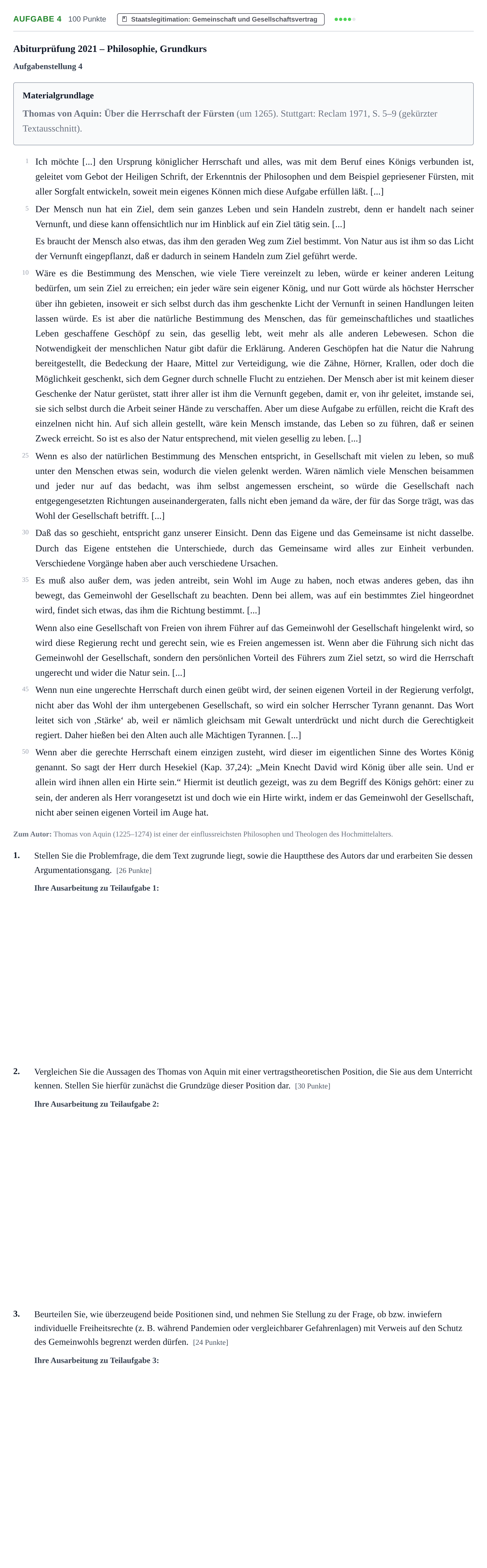 Aufgabenstellung: Aufgabe 4 · Abitur NRW Philosophie GK · Haupttermin · Weiterbildungskolleg 2021