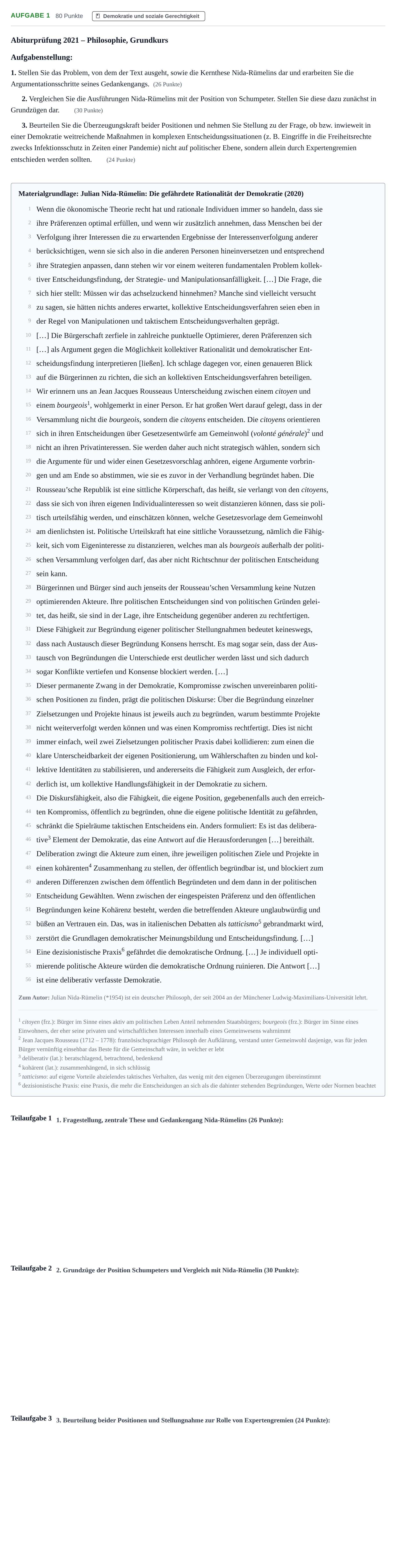 Aufgabenstellung: Aufgabe 1 · Abitur NRW Philosophie GK · Nachtermin 2021