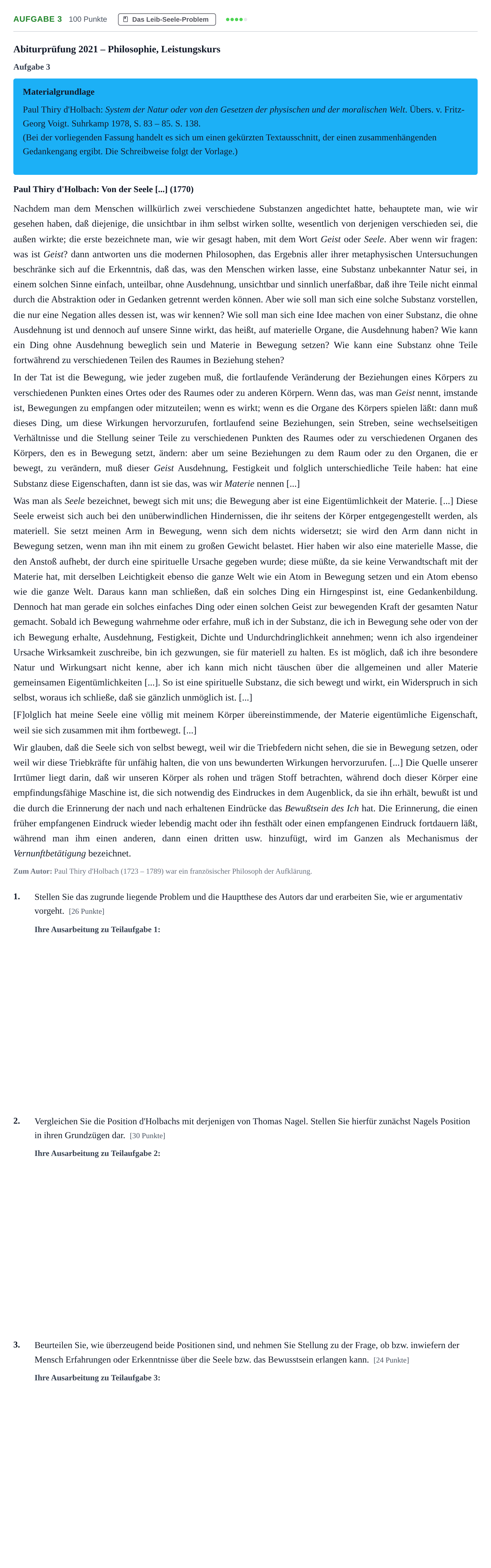 Aufgabenstellung: Aufgabe 3 · Abitur NRW Philosophie LK · Haupttermin 2021