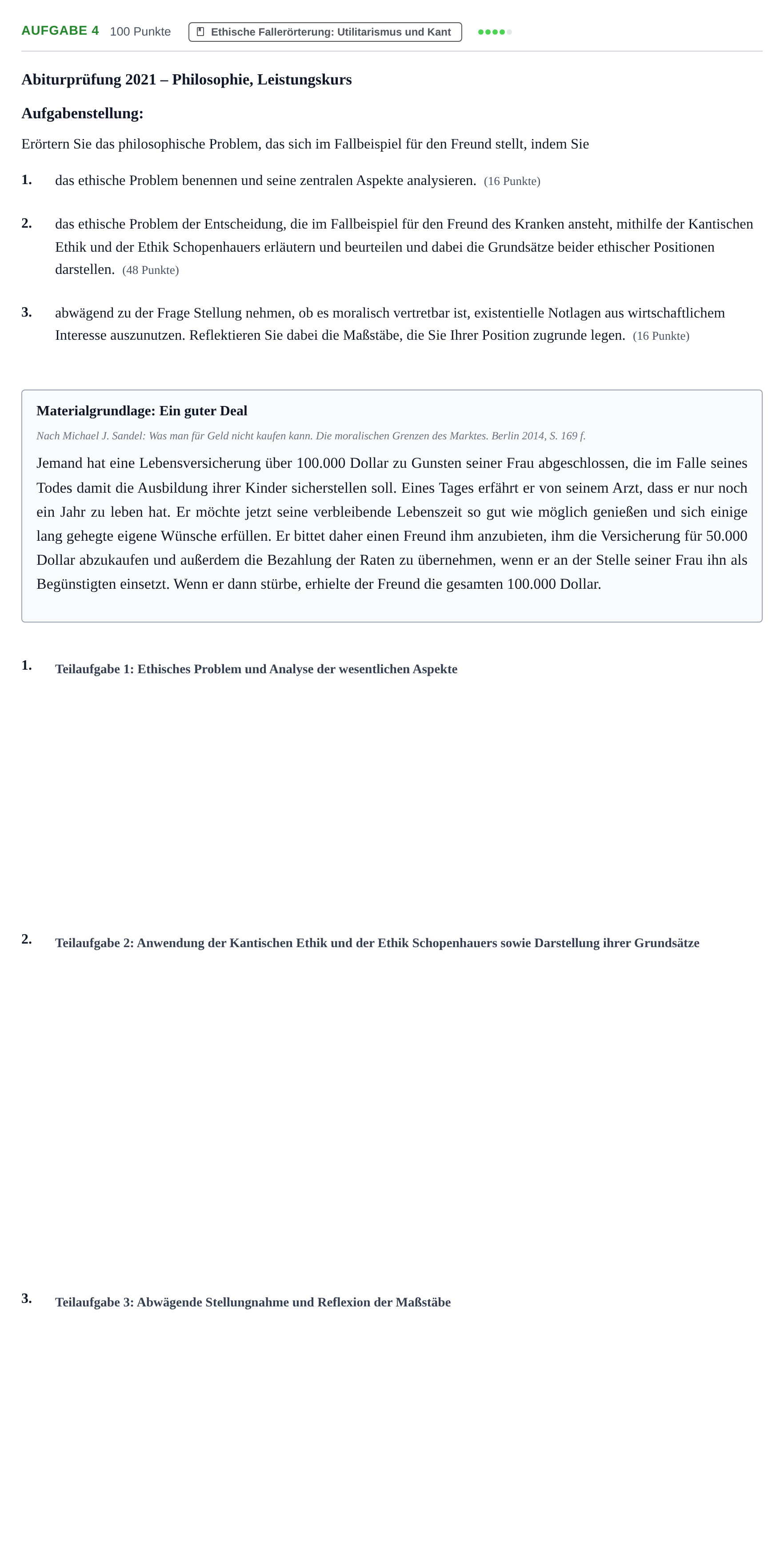 Aufgabenstellung: Aufgabe 4 · Abitur NRW Philosophie LK · Haupttermin 2021