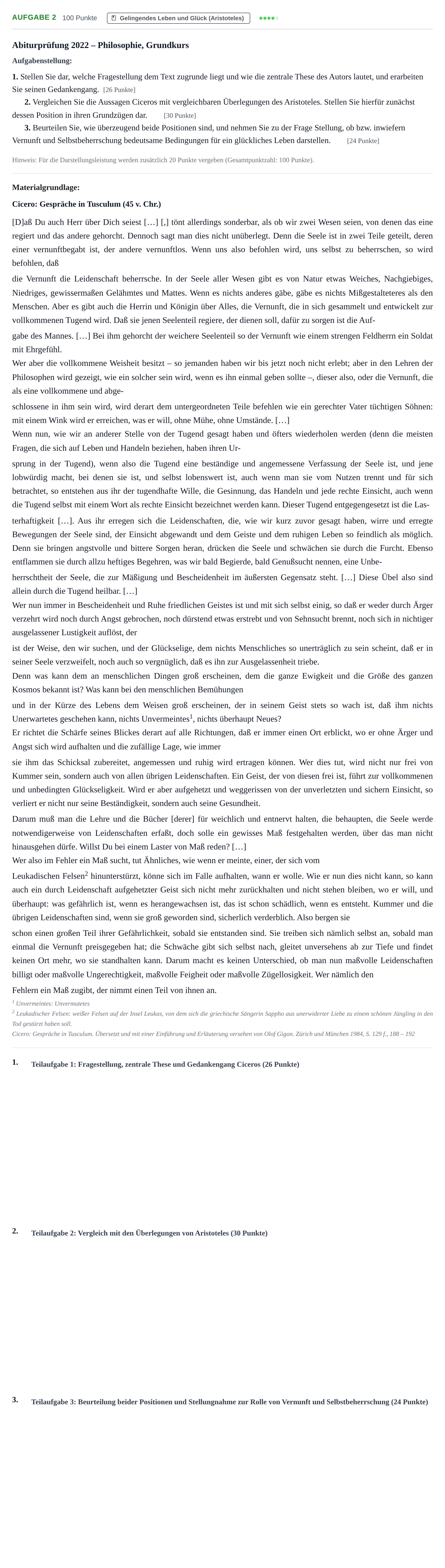 Aufgabenstellung: Aufgabe 2 · Abitur NRW Philosophie GK · Haupttermin 2022