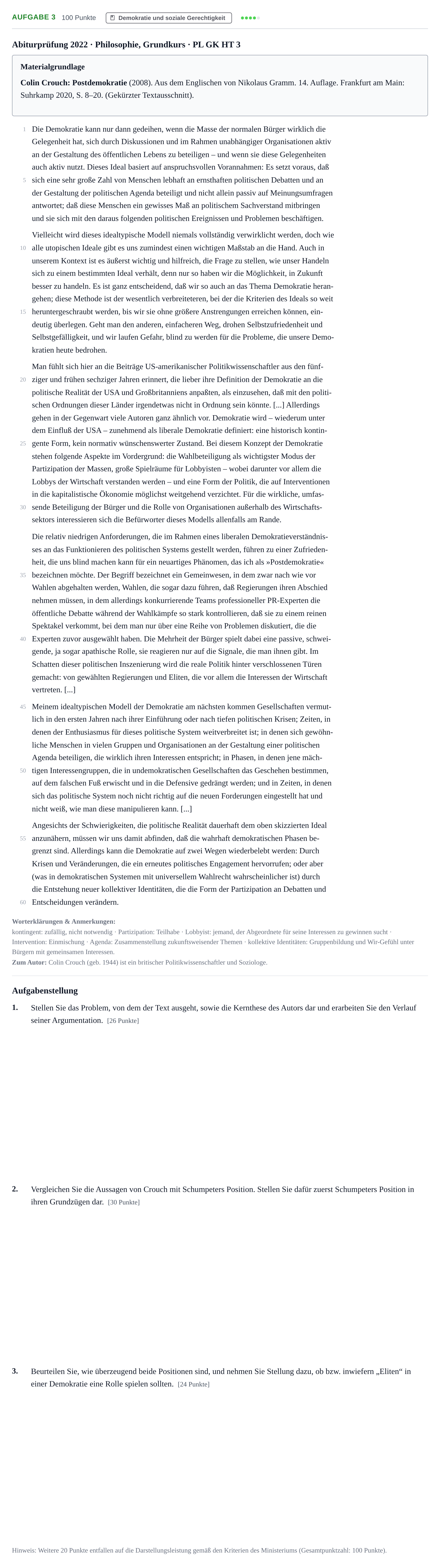 Aufgabenstellung: Aufgabe 3 · Abitur NRW Philosophie GK · Haupttermin 2022