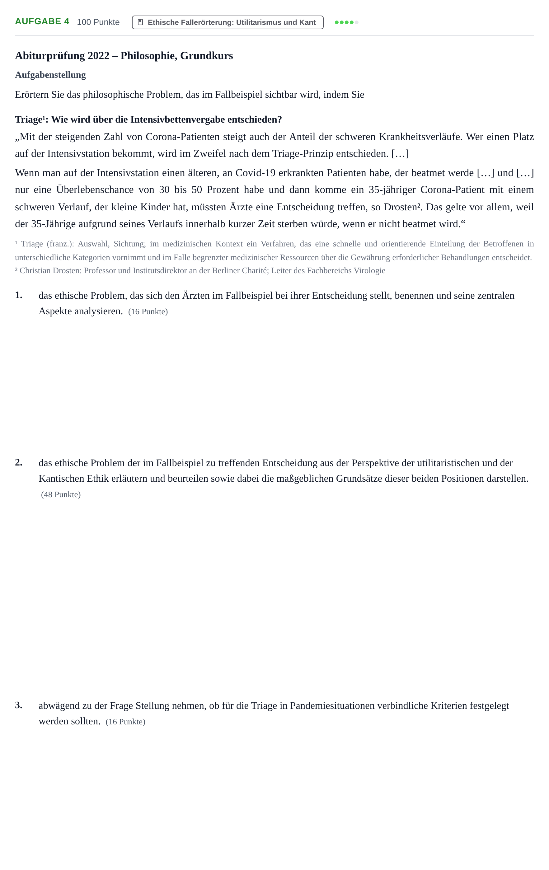 Aufgabenstellung: Aufgabe 4 · Abitur NRW Philosophie GK · Haupttermin 2022