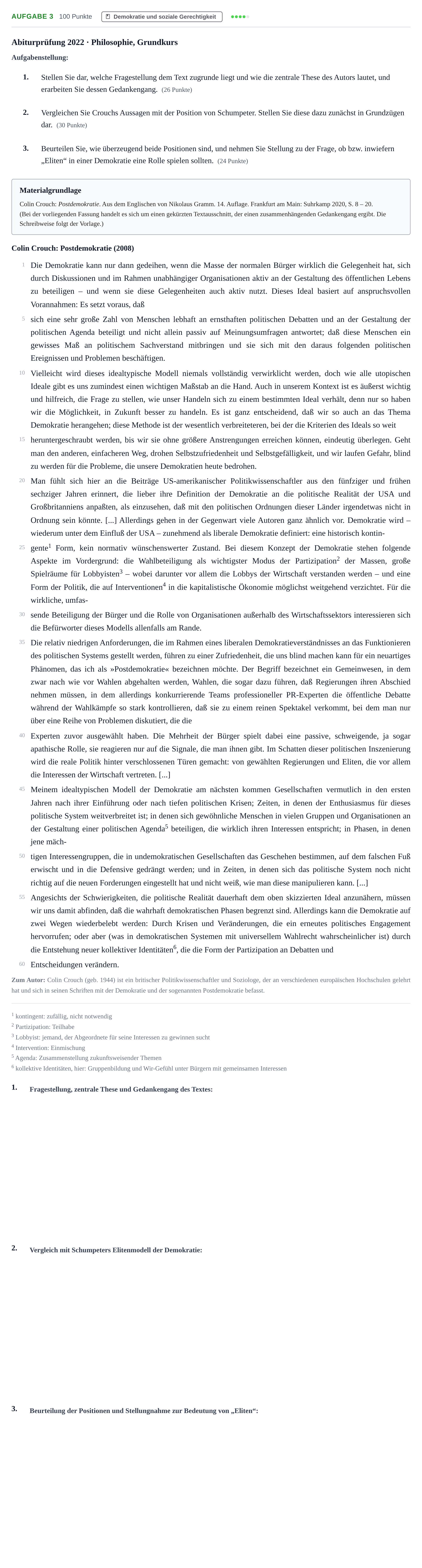Aufgabenstellung: Aufgabe 3 · Abitur NRW Philosophie GK · Haupttermin · Weiterbildungskolleg 2022