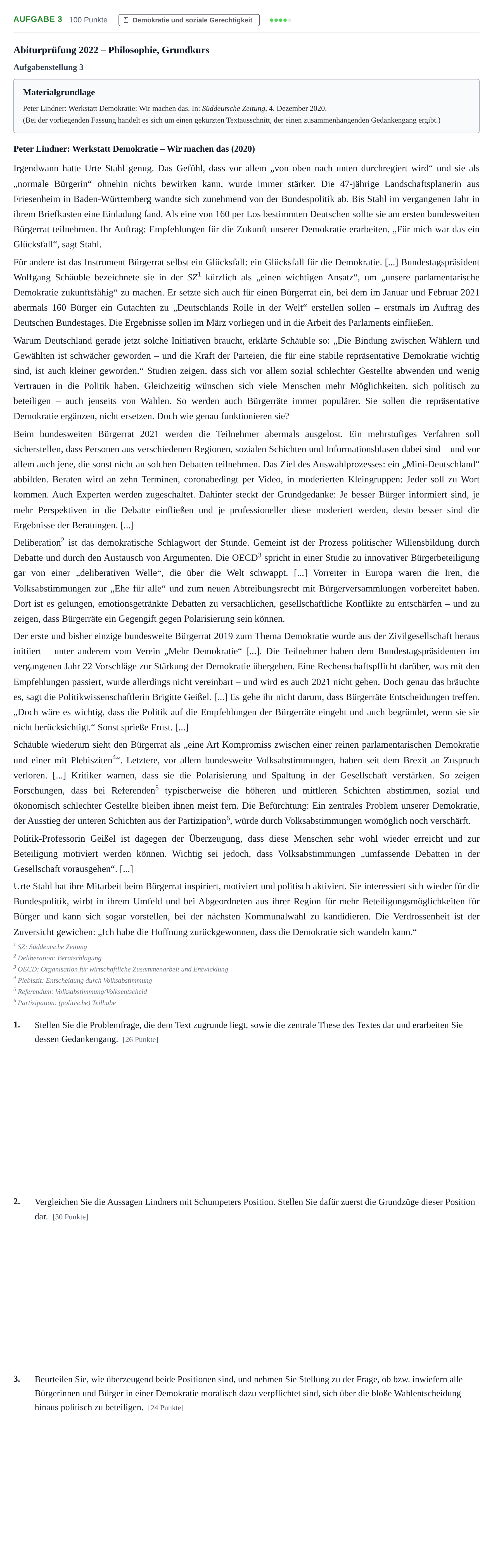 Aufgabenstellung: Aufgabe 3 · Abitur NRW Philosophie GK · Nachtermin 2022
