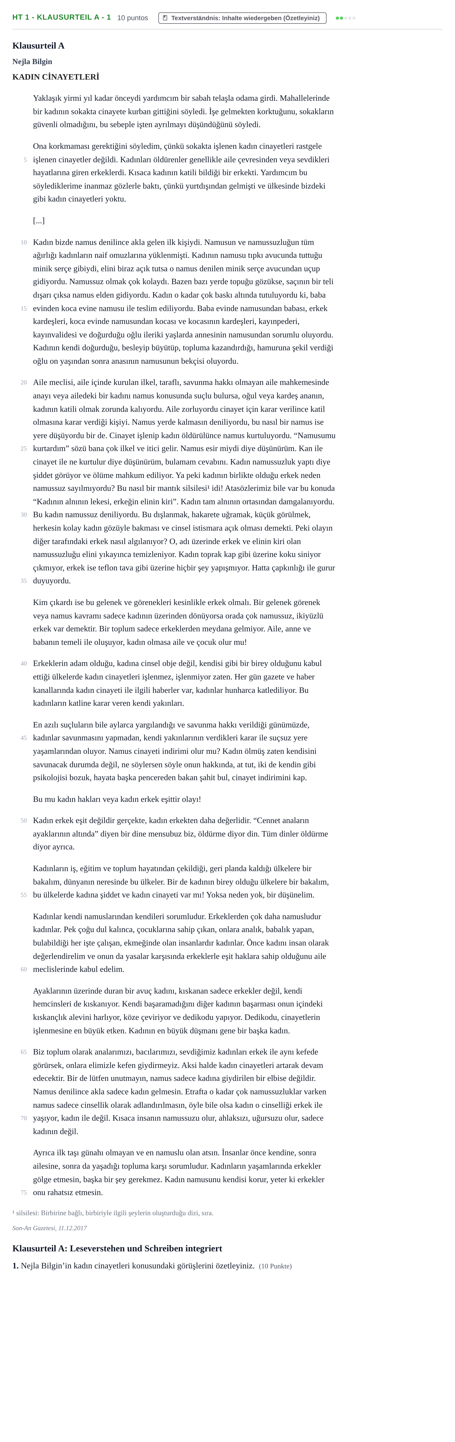 Aufgabenstellung: Aufgabe HT 1 - Klausurteil A - 1 · Abitur NRW Türkisch GK · Haupttermin · fortgeführt 2021