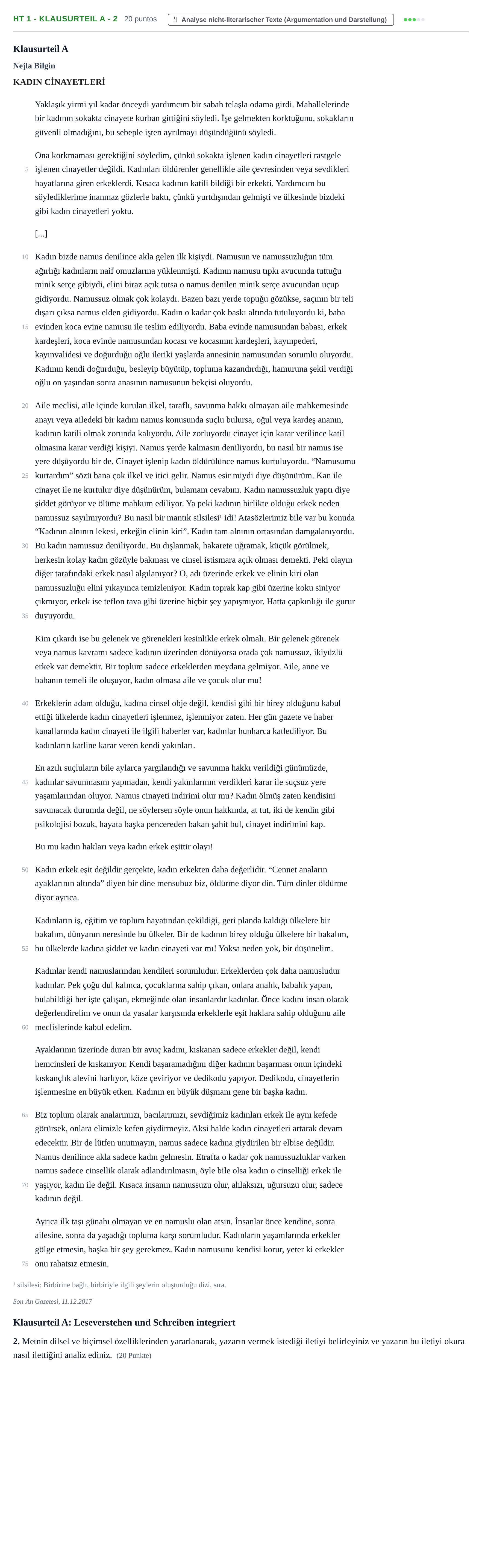 Aufgabenstellung: Aufgabe HT 1 - Klausurteil A - 2 · Abitur NRW Türkisch GK · Haupttermin · fortgeführt 2021