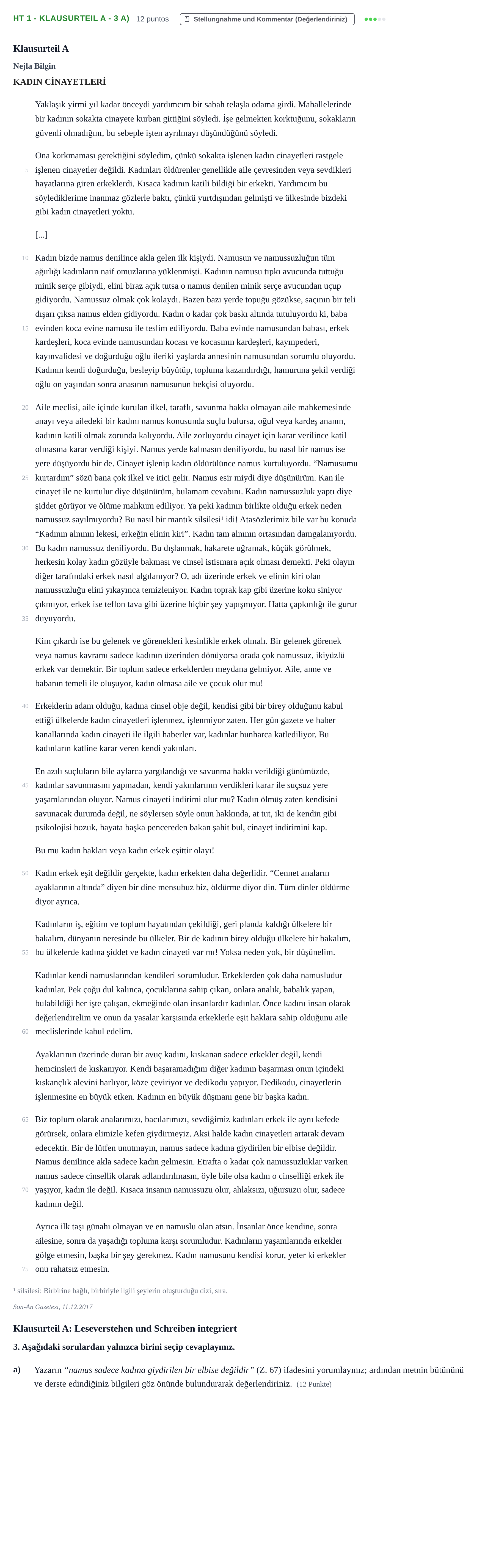 Aufgabenstellung: Aufgabe HT 1 - Klausurteil A - 3 a) · Abitur NRW Türkisch GK · Haupttermin · fortgeführt 2021