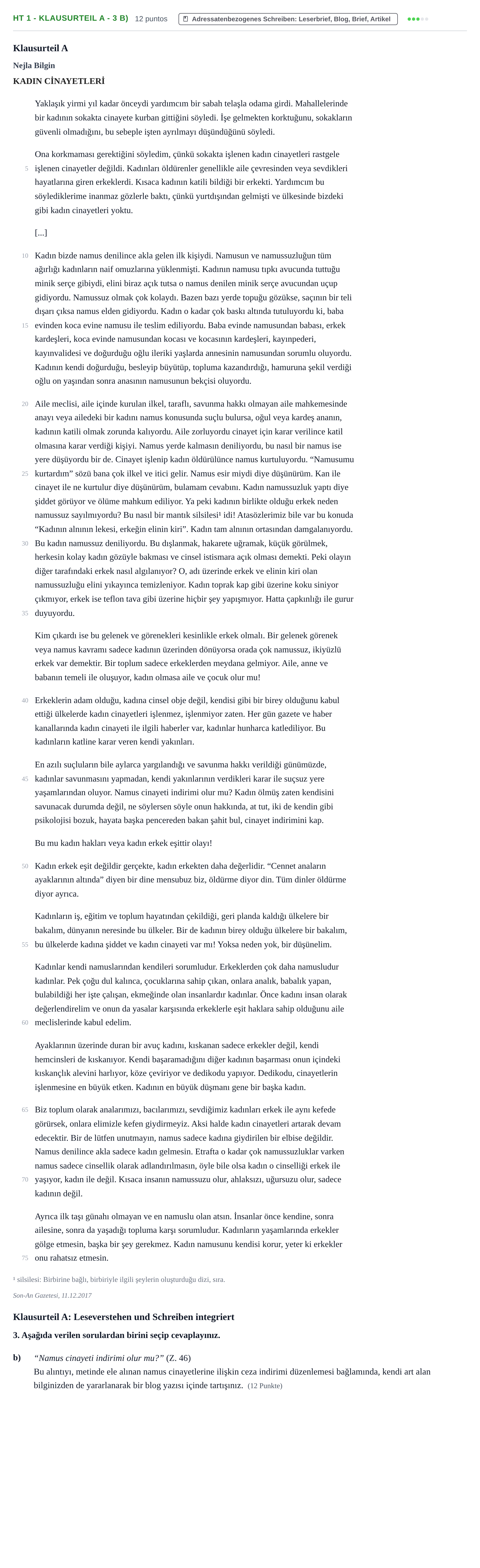 Aufgabenstellung: Aufgabe HT 1 - Klausurteil A - 3 b) · Abitur NRW Türkisch GK · Haupttermin · fortgeführt 2021