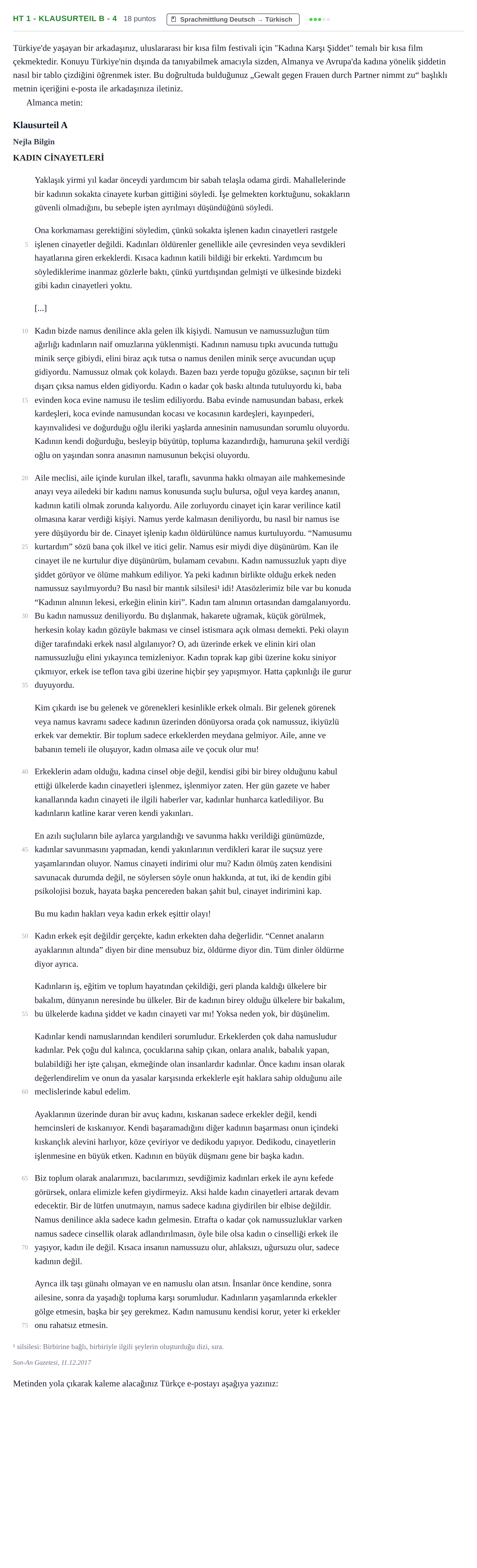 Aufgabenstellung: Aufgabe HT 1 - Klausurteil B - 4 · Abitur NRW Türkisch GK · Haupttermin · fortgeführt 2021