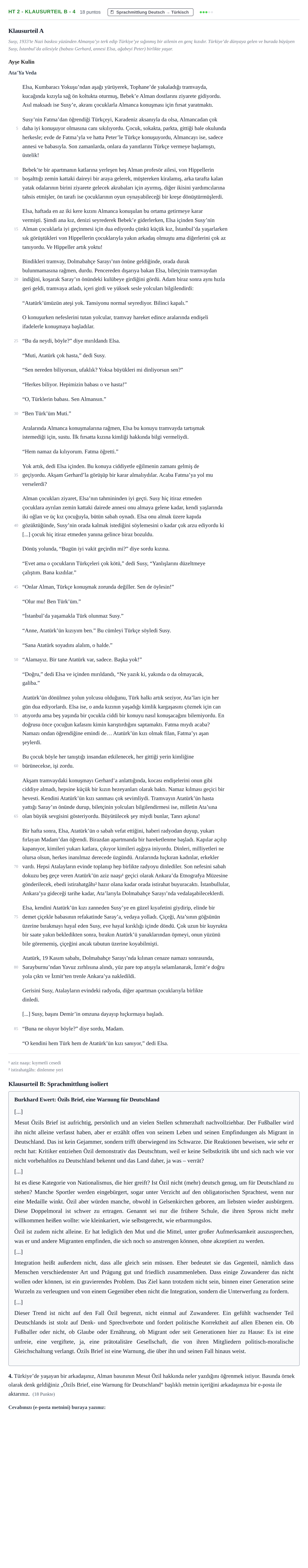 Aufgabenstellung: Aufgabe HT 2 - Klausurteil B - 4 · Abitur NRW Türkisch GK · Haupttermin · fortgeführt 2021